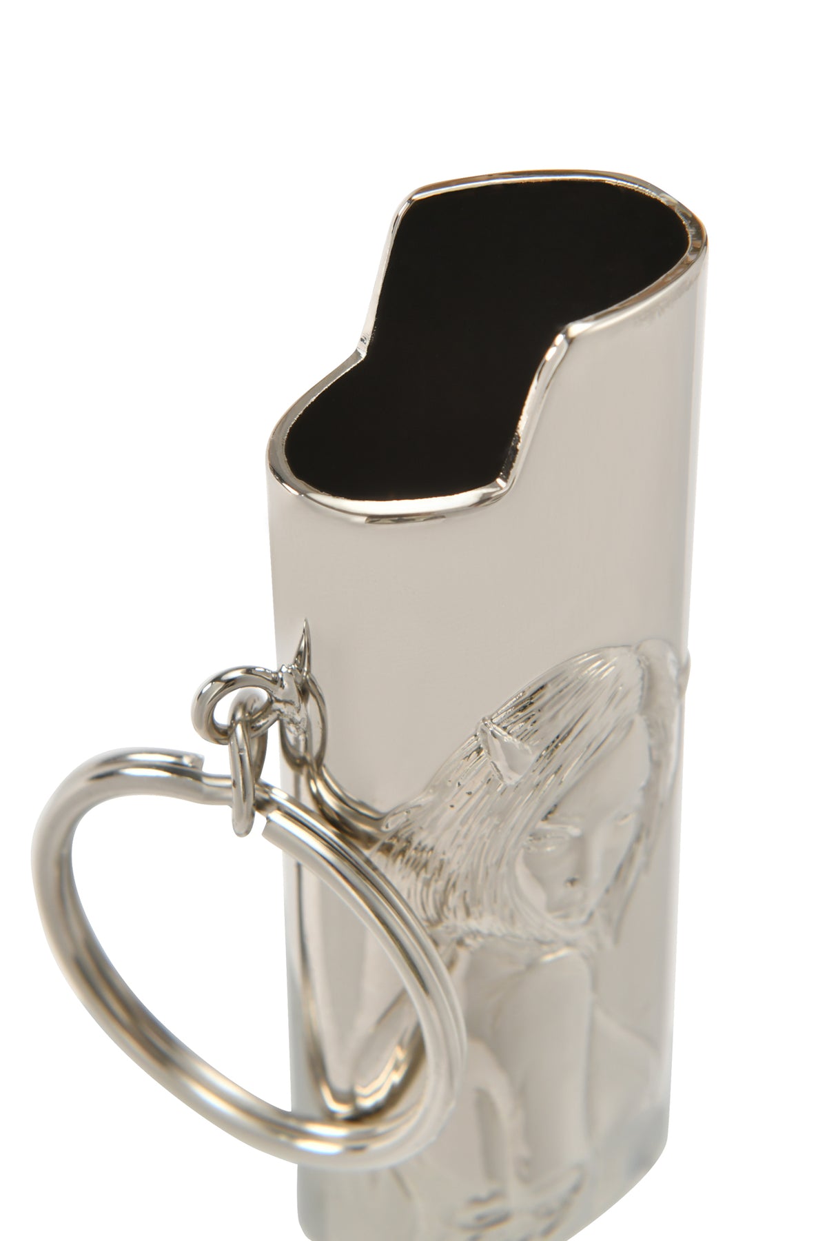 The T-REX LIGHTER CASE - SILVER by I.AM.GIA features an engraved woman’s face in a 3D-inspired design on a silver case, with a curved top opening, side-attached keyring, and white background.