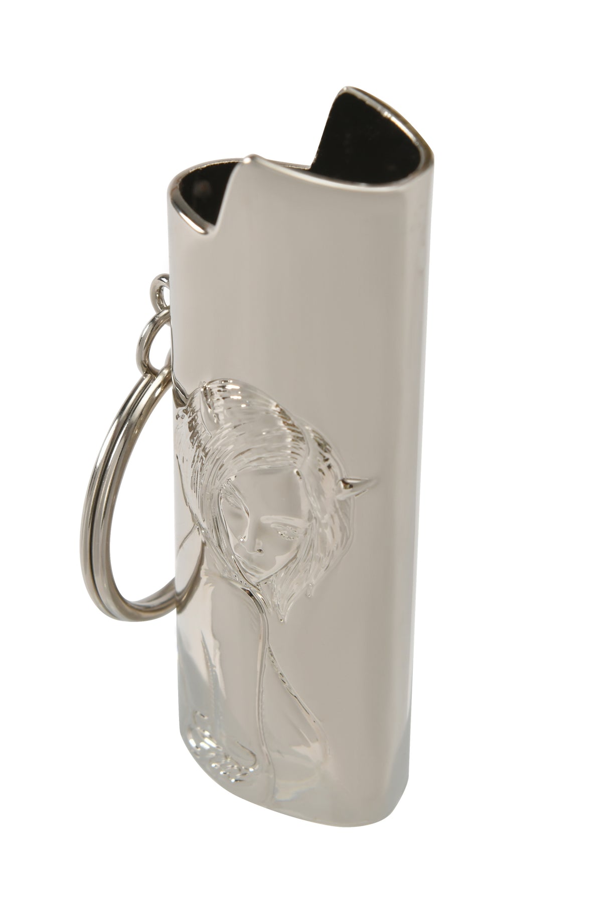 A sleek, silver T-REX LIGHTER CASE - SILVER by I.AM.GIA, shaped like a small cylinder and embossed with 3D custom artwork of a woman’s face and upper body, shown at an angle.