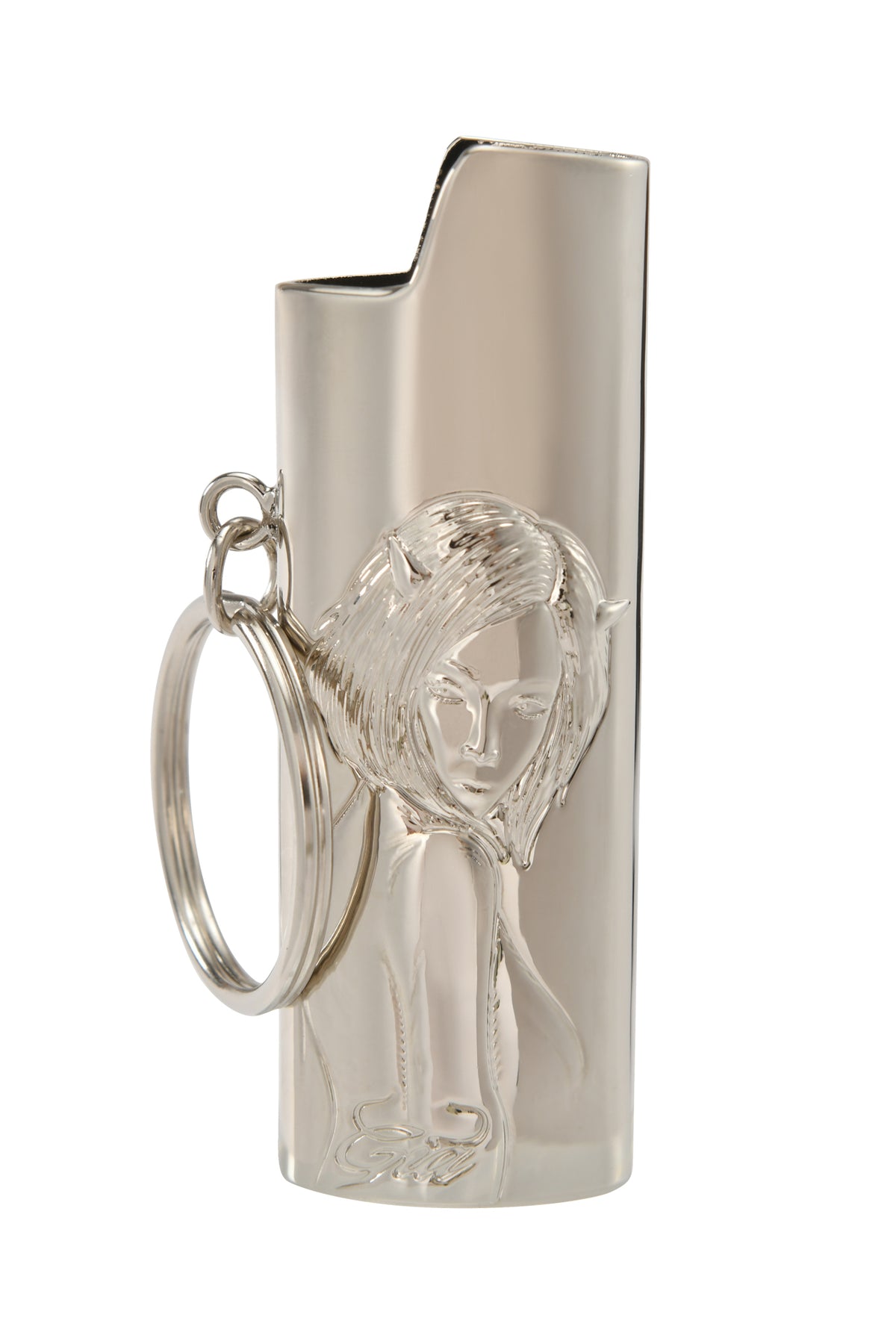 The T-REX LIGHTER CASE - SILVER by I.AM.GIA is a sleek silver metal holder with an engraved image of a short-haired woman on the side.