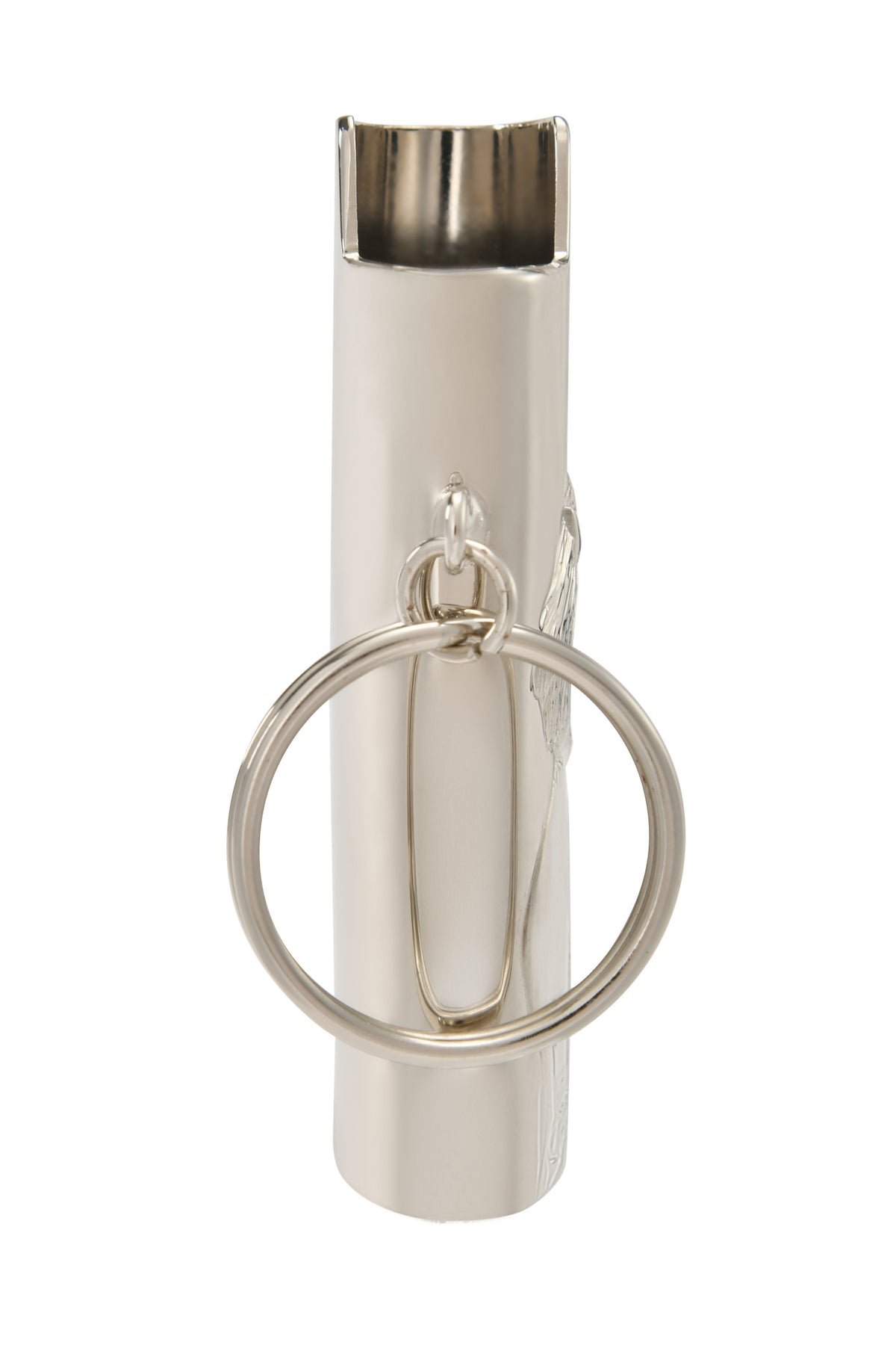 The T-REX LIGHTER CASE - SILVER by I.AM.GIA features a sleek silver metal design with a rectangular top and a large round keyring, displayed on a white background.