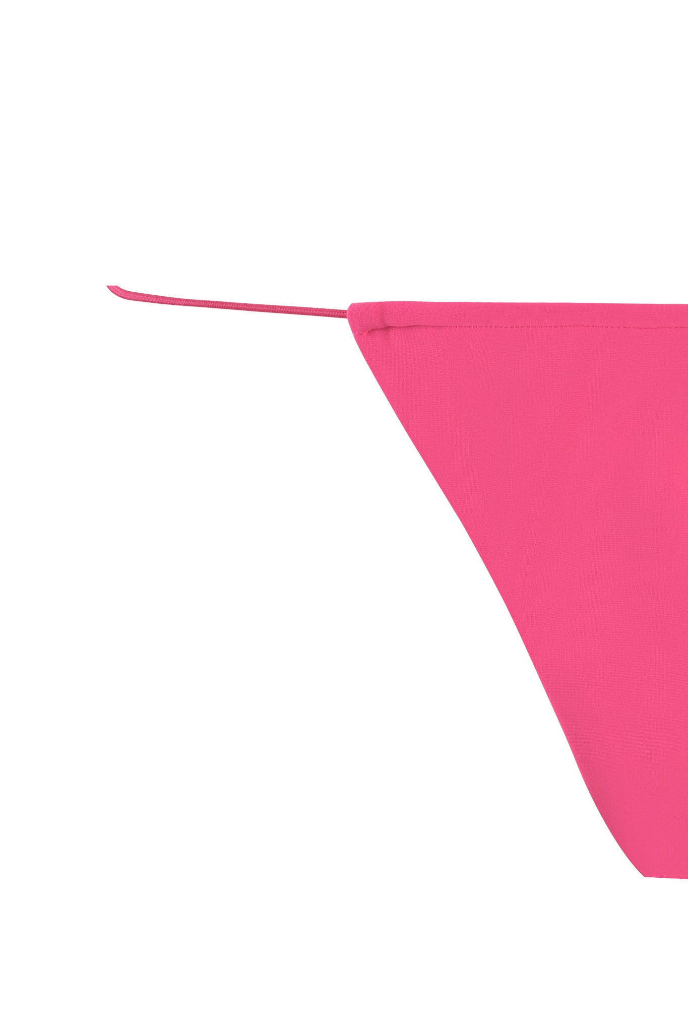A close-up image of the side tie of an I.AM.GIA BAMBI BIKINI BOTTOM - HOT PINK against a white background. The string tie on the left is visible, showcasing its clean and smooth fabric texture.