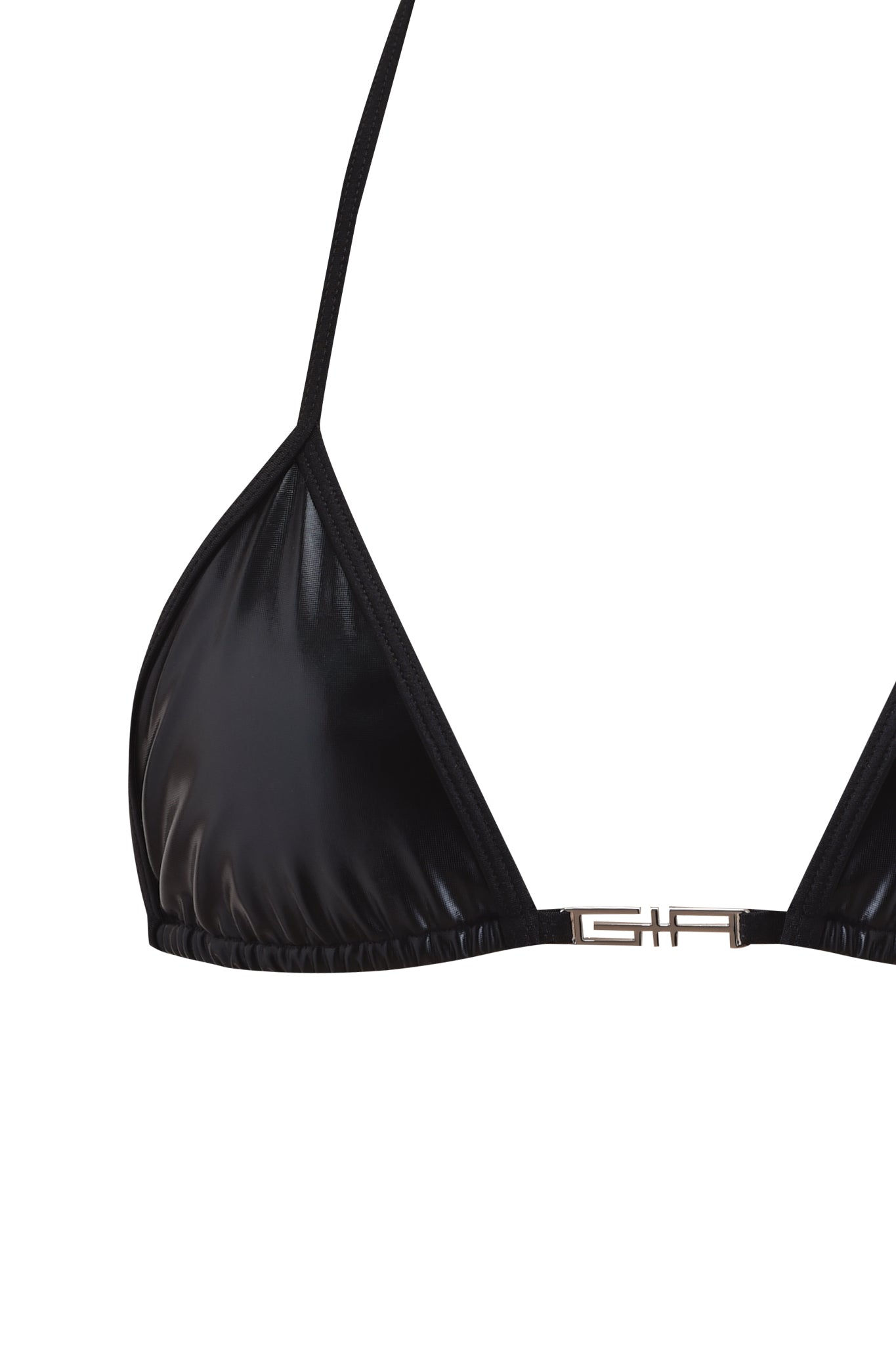 Close-up of the I.AM.GIA ALOHI BIKINI TOP - BLACK, featuring a shiny black metallic finish, thin straps, and a small front metallic clasp.