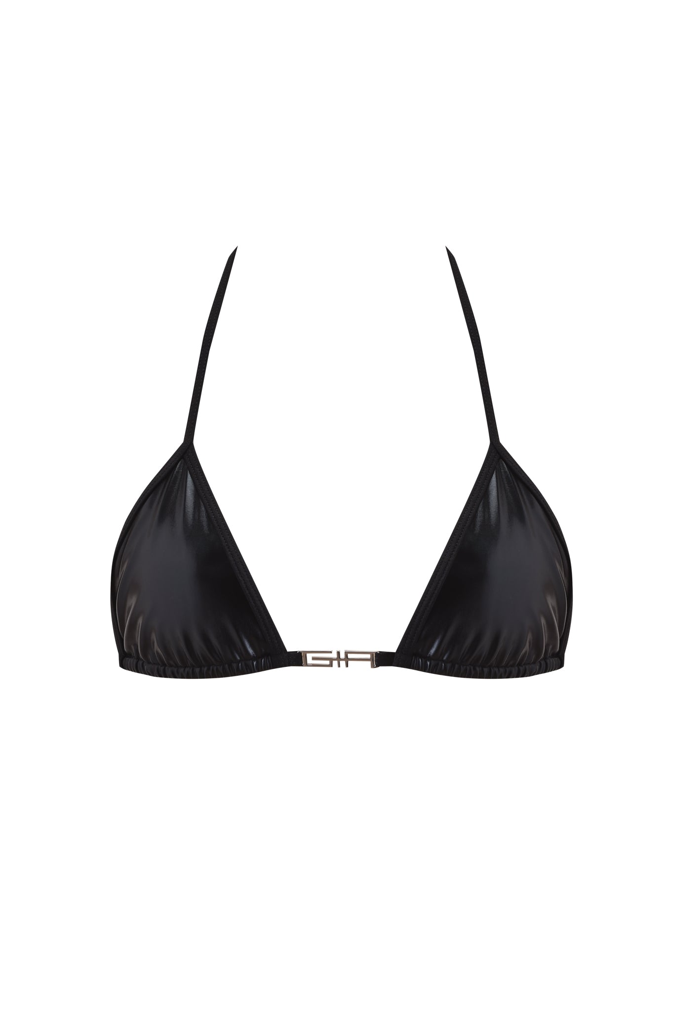The I.AM.GIA ALOHI BIKINI TOP - BLACK is a shiny black triangle bikini top featuring thin straps and a small metallic clasp at the front center.