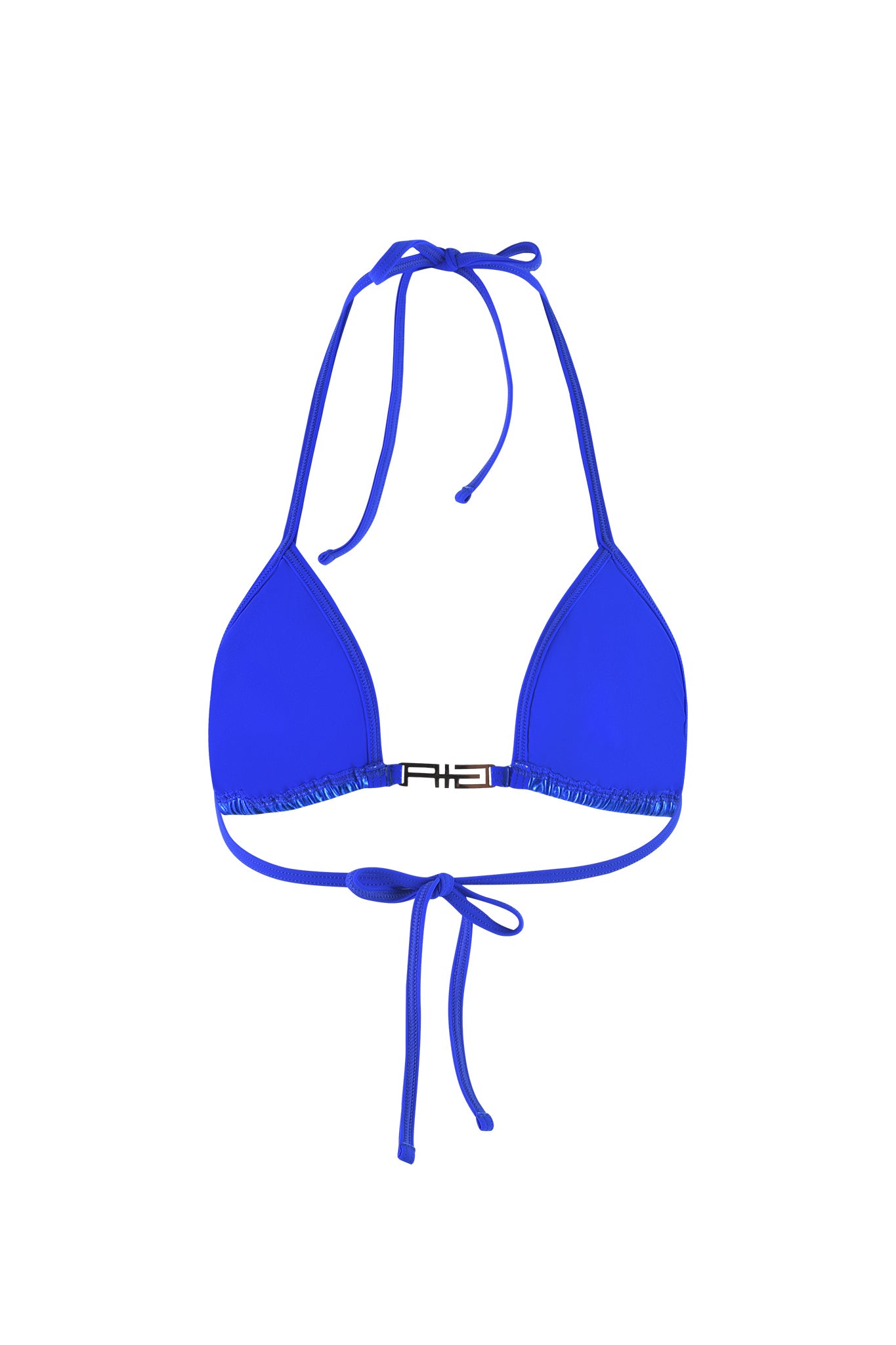 Introducing the ALOHI BIKINI TOP in cobalt blue from I.AM.GIA: This vibrant bikini top features a true-tie halter neck and back tie closure. The triangular cups are accented with a small metallic detail at the center front, adding a touch of elegance to the bold design.