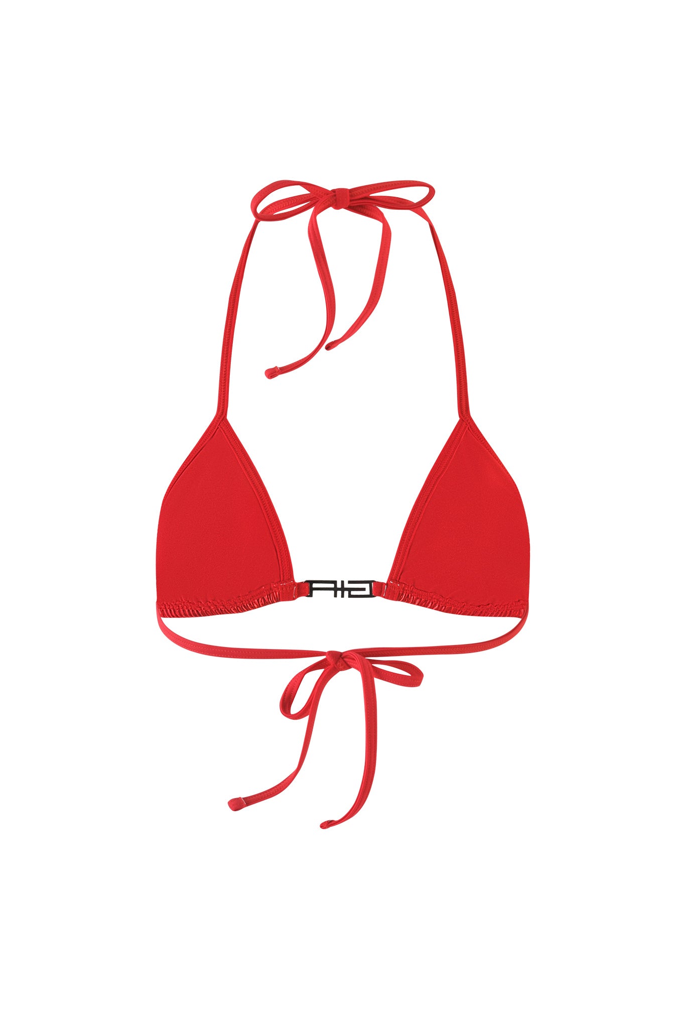 The ALOHI BIKINI TOP - RED from I.AM.GIA features a red triangle design with thin straps that tie behind the neck and at the back. The smooth fabric is complemented by a small black clasp at the center back for additional support.
