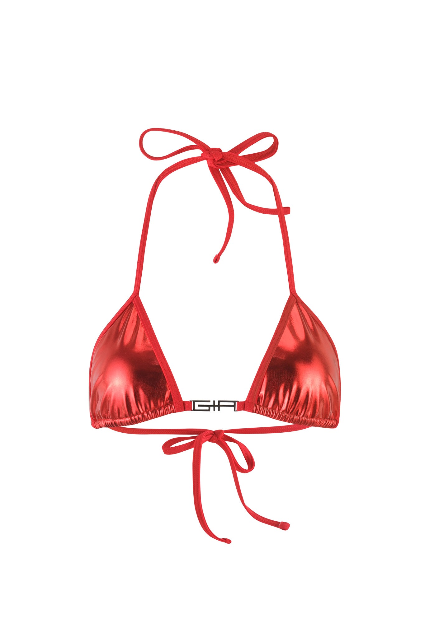 The ALOHI BIKINI TOP - RED by I.AM.GIA is a shiny red bikini top featuring a halter neck tie and tie-back closure. It has triangular cups with a metallic finish, and the brand name "I.AM.GIA" is prominently printed at the center of the front band.