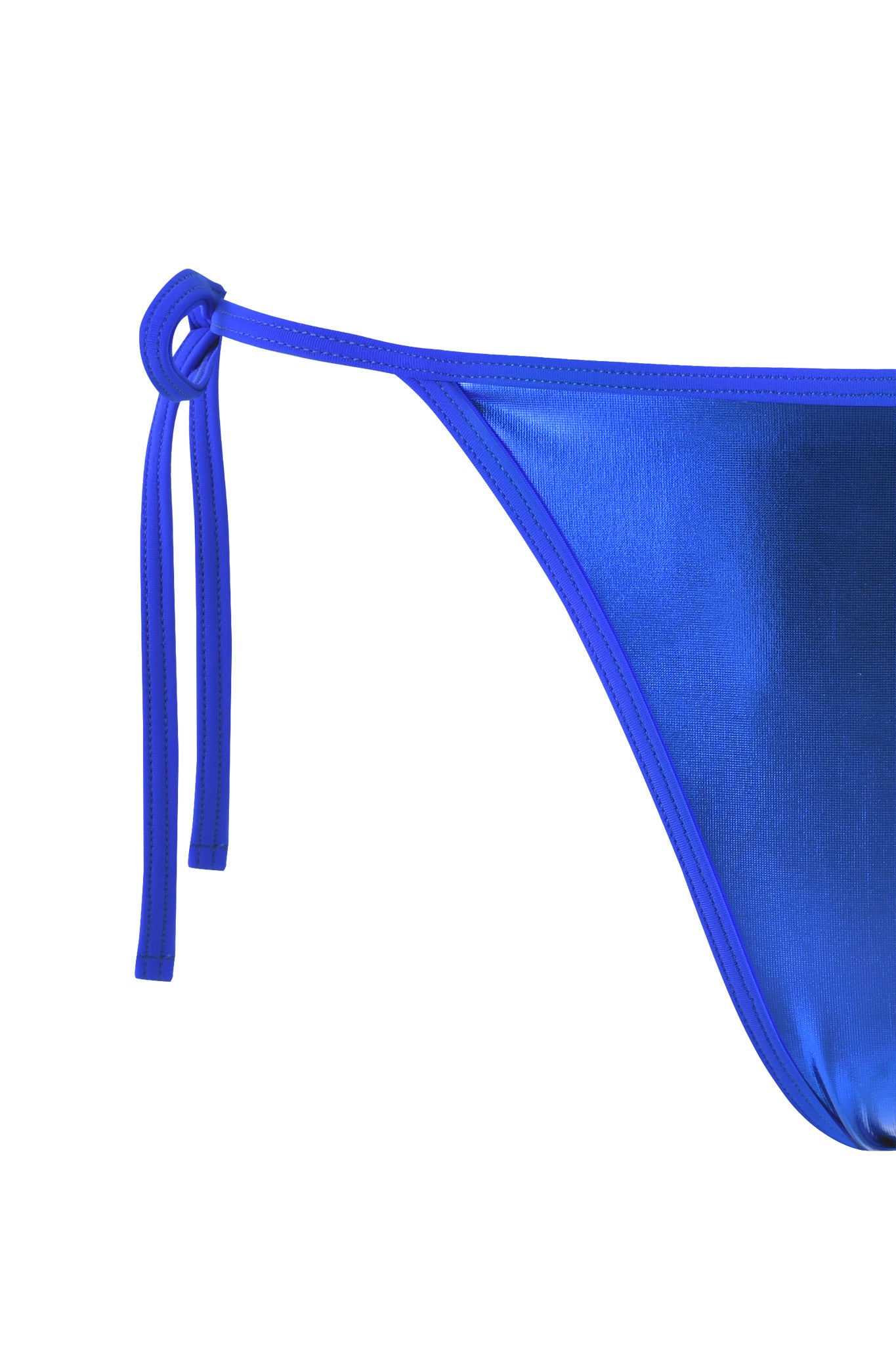 Close-up view of the ALOHI BIKINI BOTTOM - BLUE : COBALT BLUE by I.AM.GIA, showcasing its shiny cobalt blue hue and string ties on the sides. The stretchy fabric is smooth and glossy, reflecting light beautifully. Only a portion of this cheeky bikini bottom is visible against a white background.