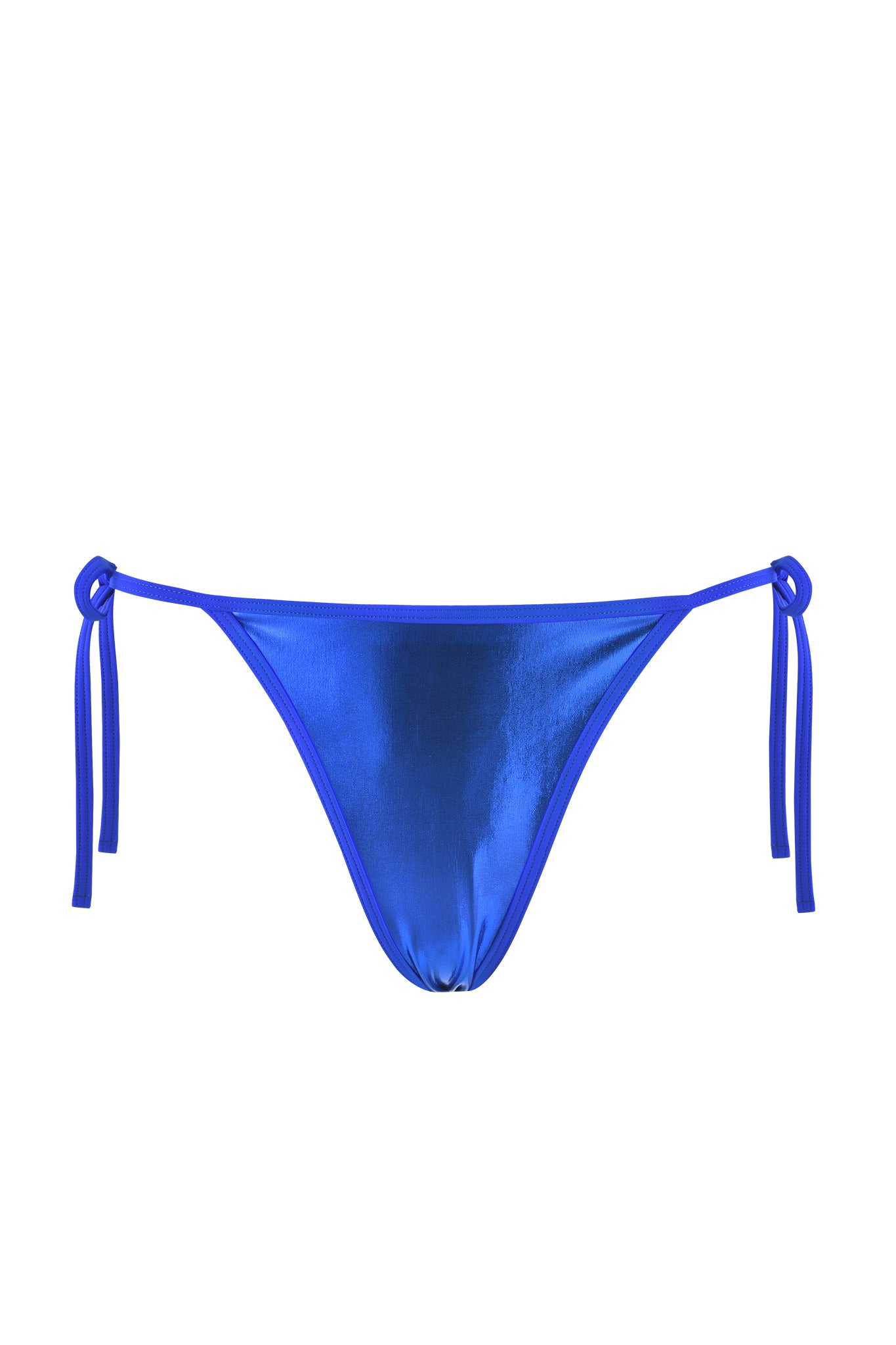 The ALOHI BIKINI BOTTOM - BLUE: COBALT BLUE by I.AM.GIA features a minimalist and simple design, with thin side ties and a bright cobalt blue metallic color. The stretchy fabric has a shiny, reflective quality, and the displayed image is set against a plain white background.