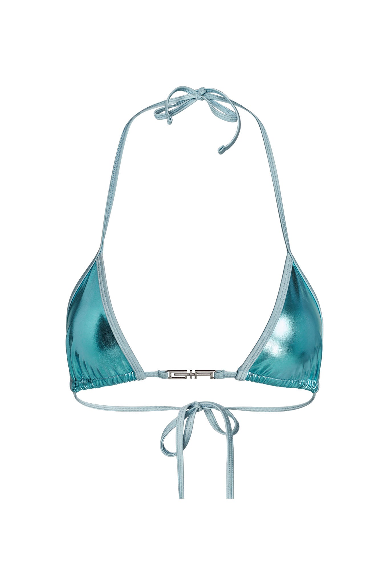 The ALOHI BIKINI TOP - BLUE by I.AM.GIA features a turquoise metallic finish with a triangle design. It includes thin adjustable straps for tying around the neck and back, and a small metal clasp at the front for added detail. The shiny fabric gives it a reflective, eye-catching look.