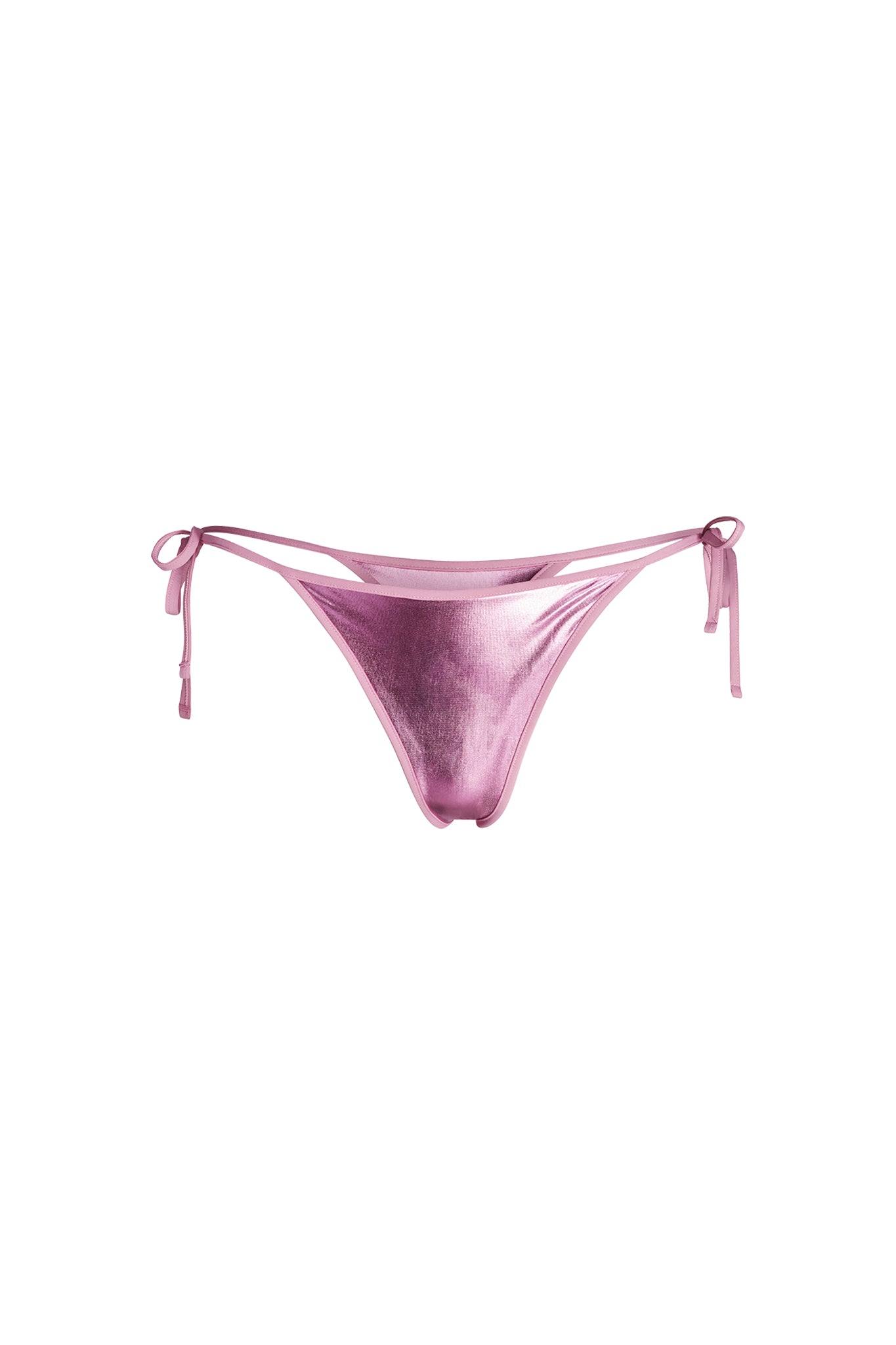 The ALOHI BIKINI BOTTOM - PINK from I.AM.GIA is a pair of shiny, metallic pink bikini bottoms with tie strings on both sides. This cheeky style features a smooth and reflective material, adding a glossy finish to this eye-catching swimsuit piece.