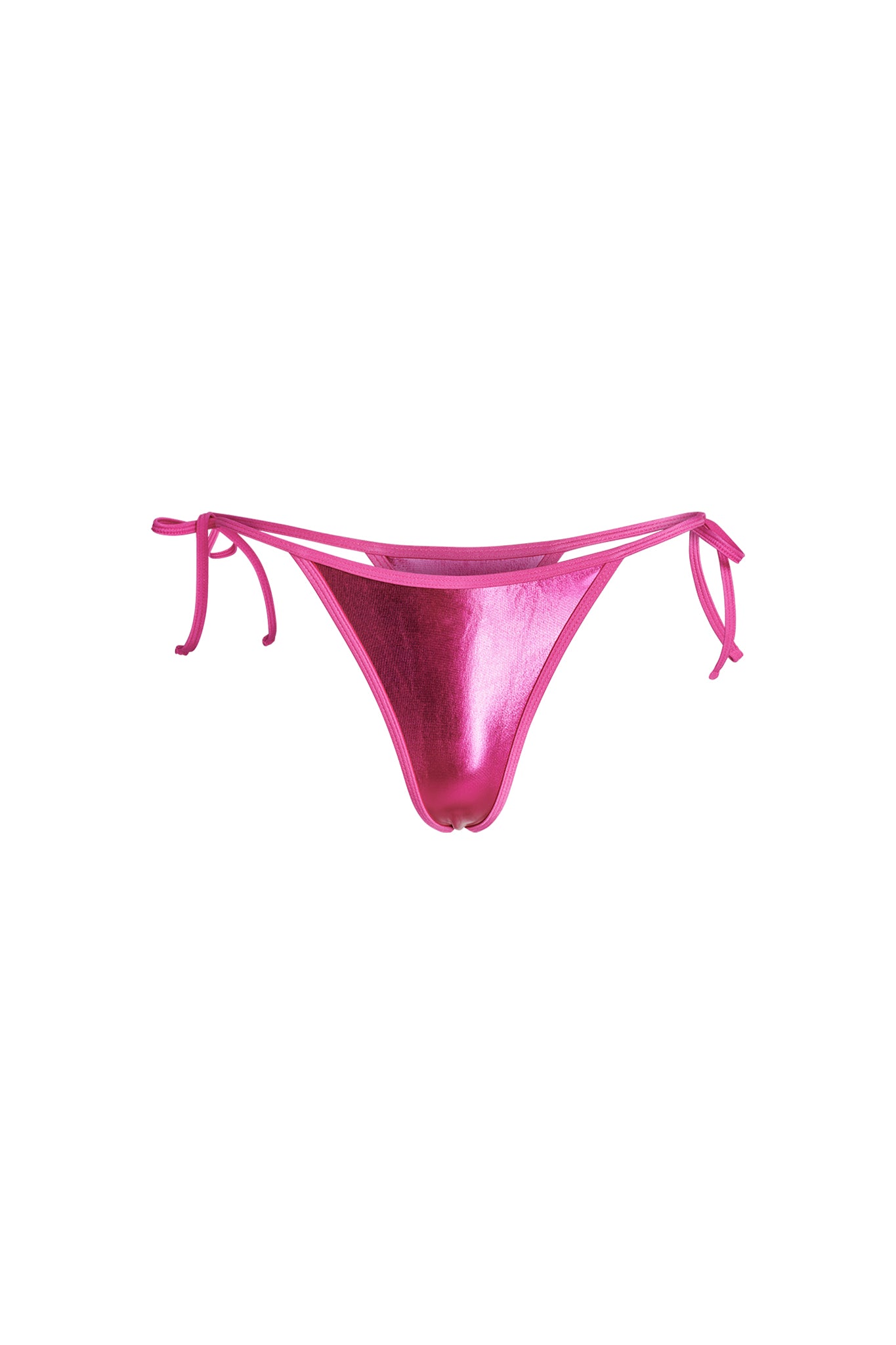 An ALOHI BIKINI BOTTOM - PINK: HOT PINK by I.AM.GIA, featuring metallic fabric and side tie strings, lays flat on a plain white background.