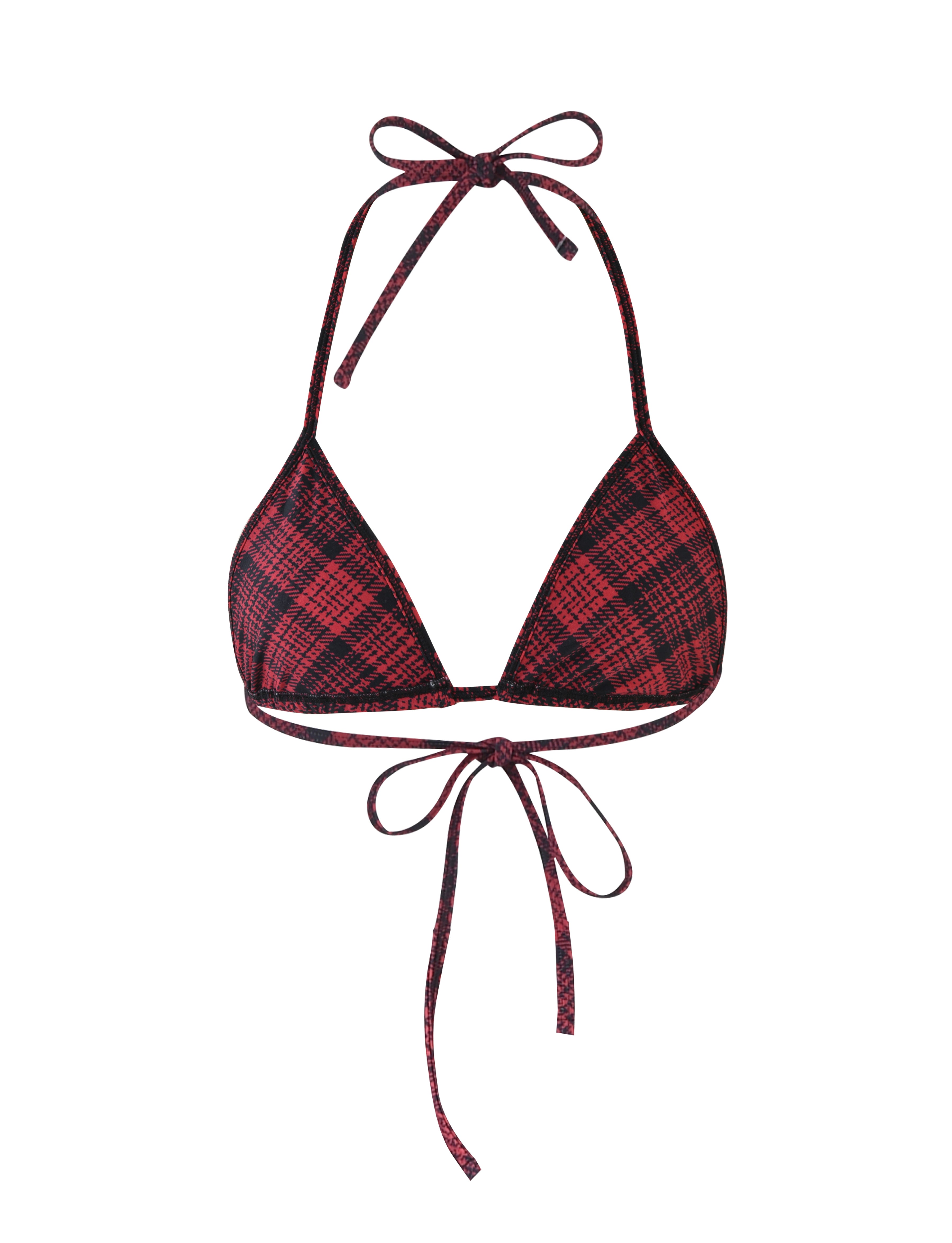 The MARTINA BIKINI TOP - RED PLAID by I.AM.GIA features a red and black plaid halter neck design with adjustable ties at the neck and back. The fabric, adorned with I.AM.GIA's signature criss-cross plaid pattern, delivers a stylish and sporty aesthetic.