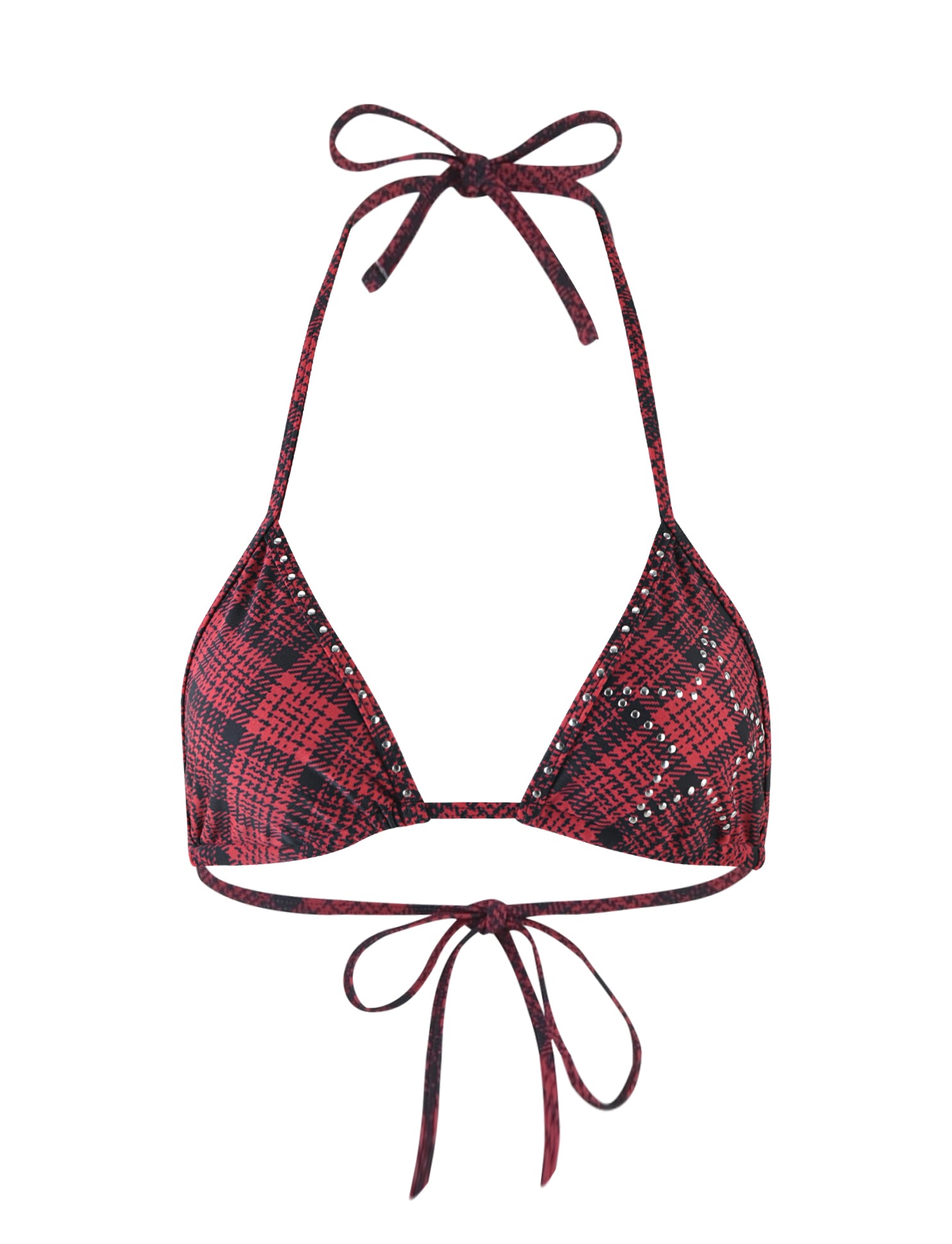 I.AM.GIA's MARTINA BIKINI TOP in red plaid showcases black and white accents, adjustable ties at the neck and back, and small metal eyelets along the seams for added detail.