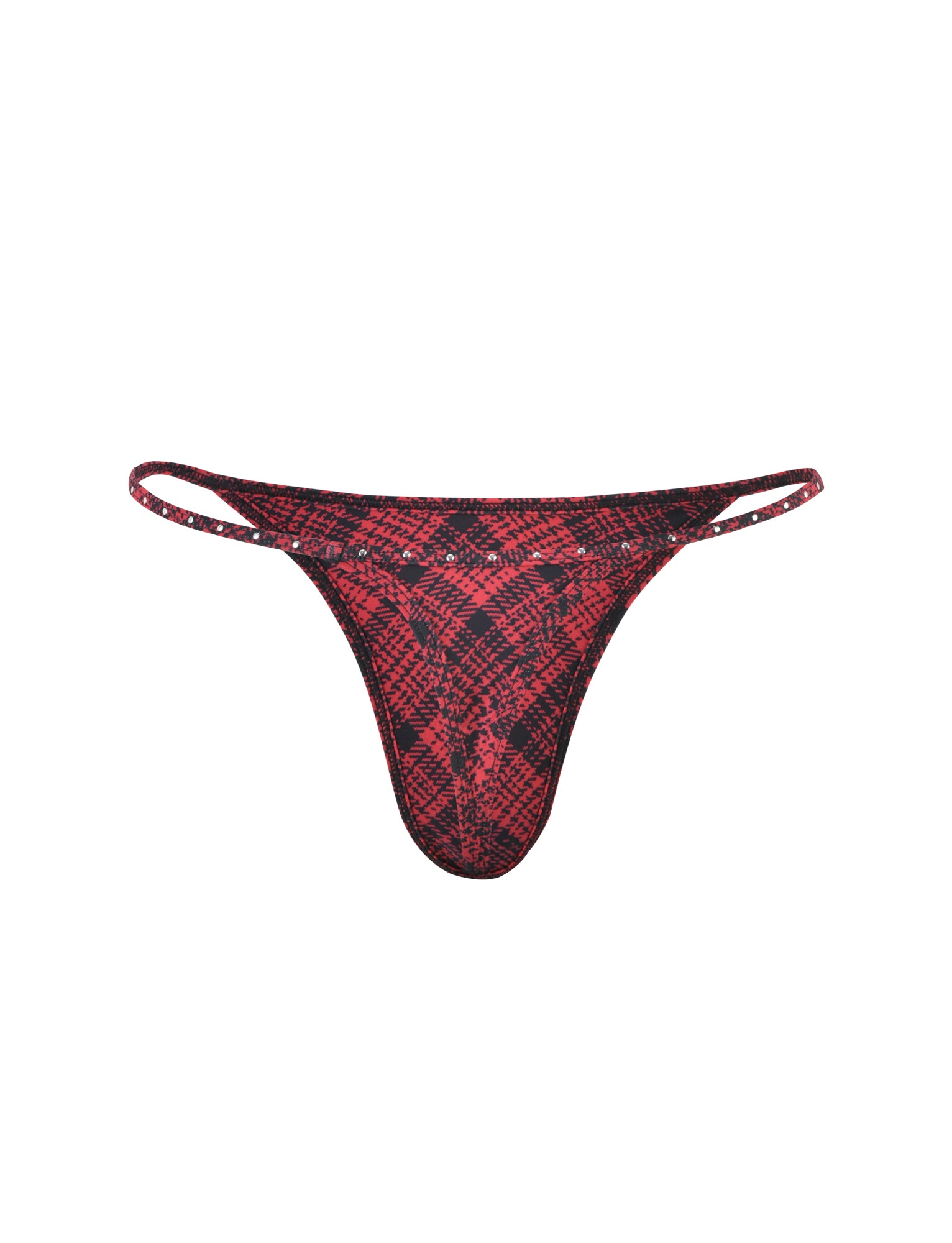 The MARTINA BIKINI BOTTOM - RED PLAID from I.AM.GIA, featuring a red and black plaid pattern and thin side straps, is centered against a plain white background. The design showcases a low-rise cut that emphasizes its bold and stylish look.