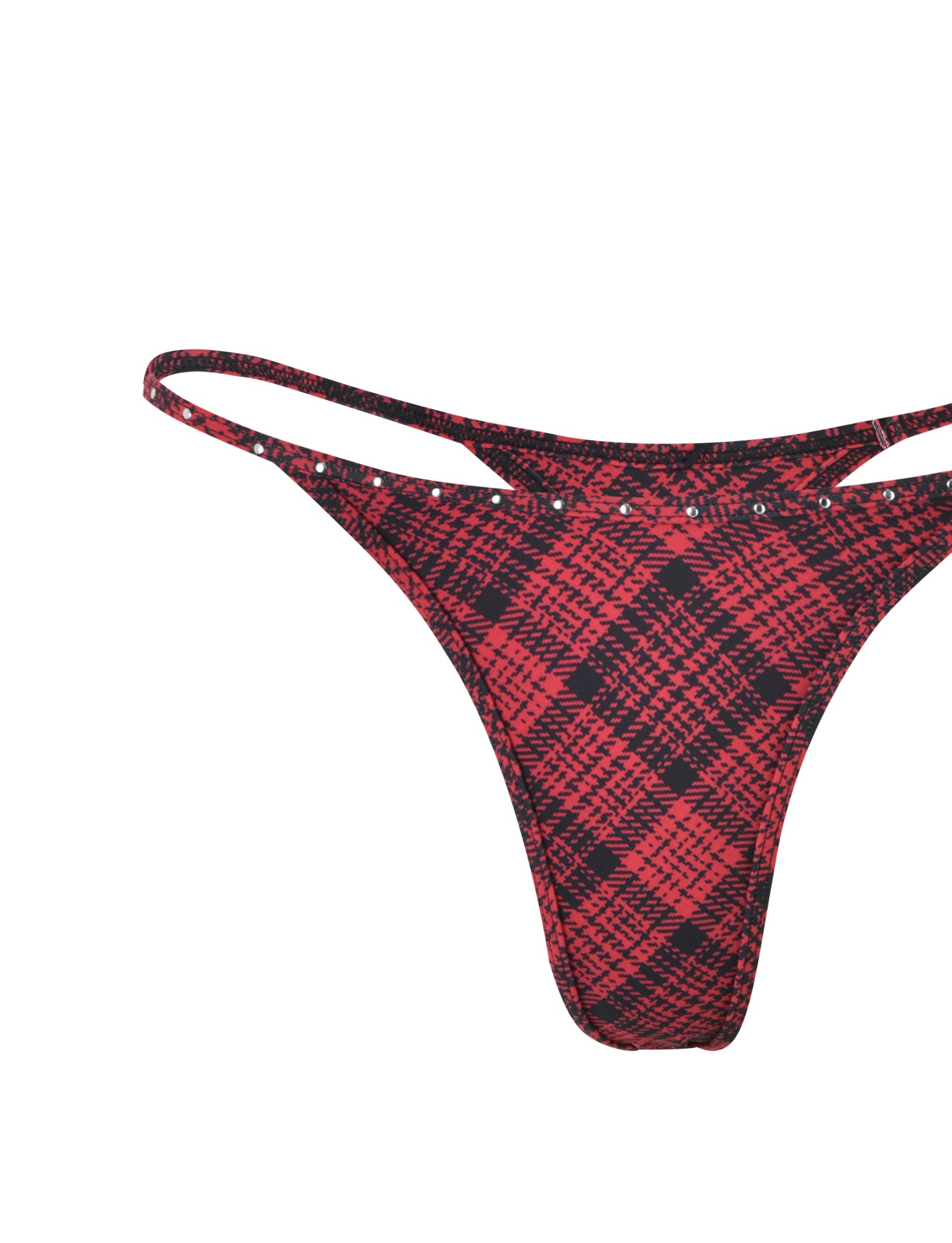The MARTINA BIKINI BOTTOM - RED PLAID by I.AM.GIA features a thin waistband in a checkered pattern. Designed with minimal coverage, it sports two side straps. The classic tartan pattern, created by intersecting lines, makes this undergarment both bold and stylish.