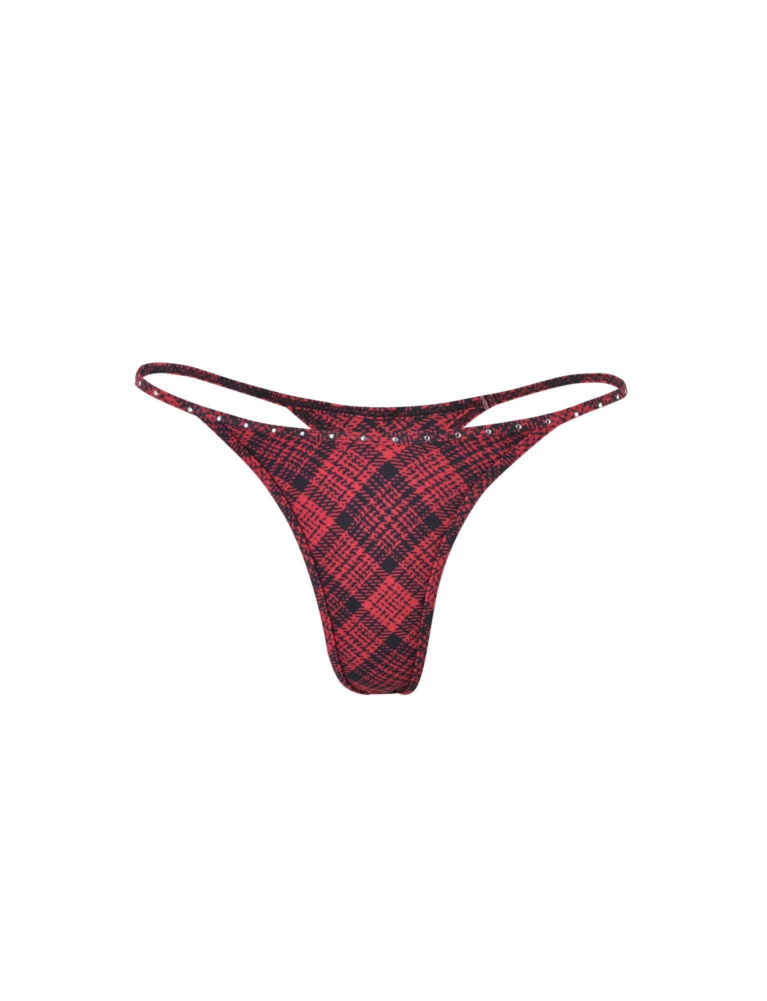 The MARTINA BIKINI BOTTOM - RED PLAID from I.AM.GIA, featuring double side straps, is centered against a plain white background.