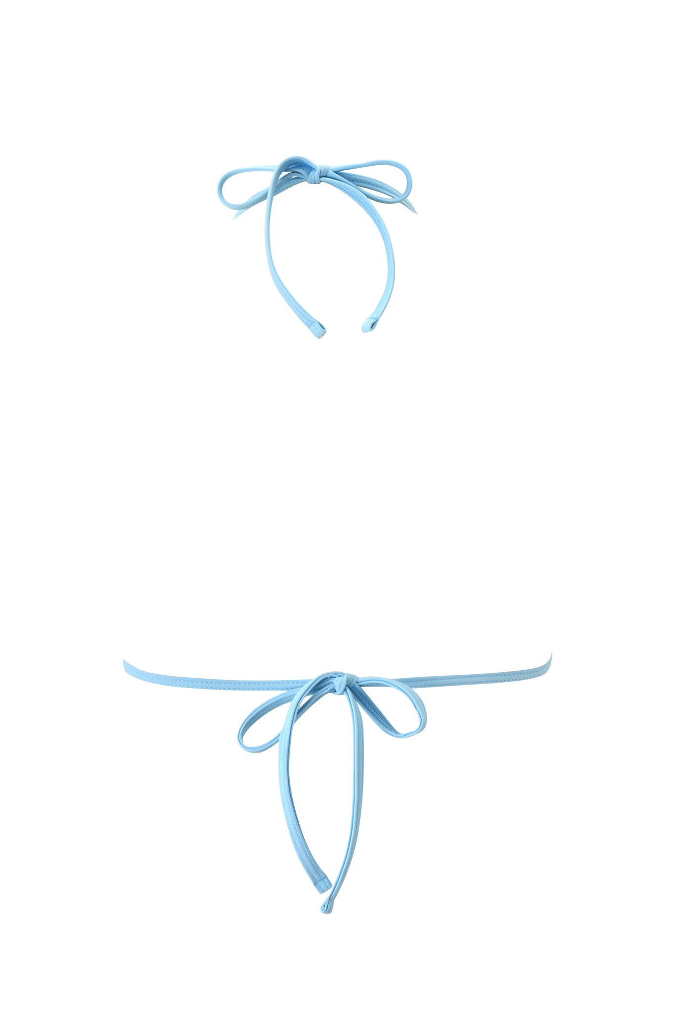 A minimalistic image shows the I.AM.GIA CORDELIA BIKINI TOP in blue stripe with thin straps and a bow-tied halter, paired with matching bottoms, both crafted from slinky swim fabric and isolated on a plain white background.