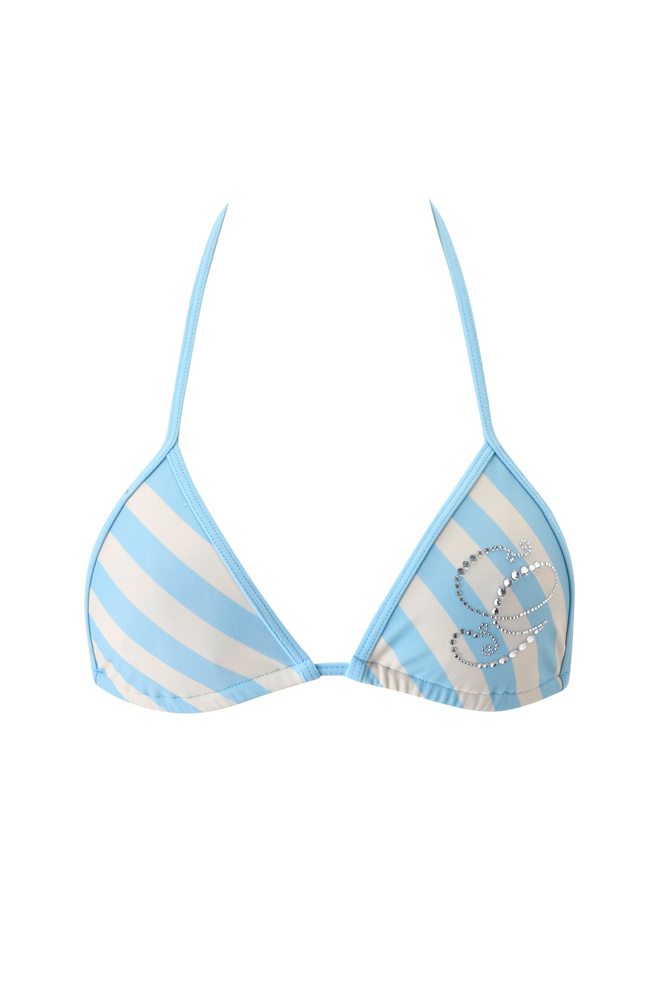 The I.AM.GIA CORDELIA BIKINI TOP - BLUE STRIPE features slinky swim fabric with blue and white stripes, thin shoulder straps, and a rhinestone embellishment on the right cup, shown on a white background.