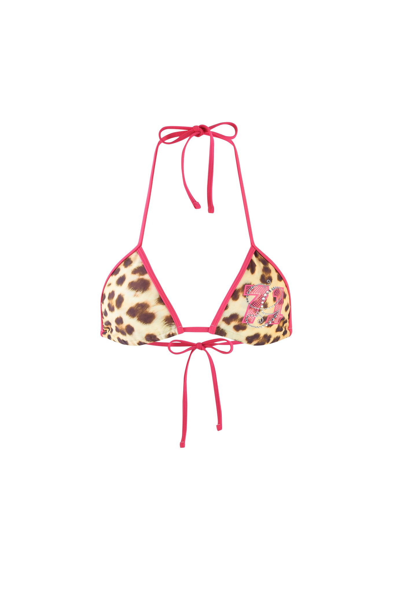 The I.AM.GIA CORDELIA BIKINI TOP - NEUTRAL : LEOPARD : WILDCARD boasts a custom leopard print paired with vibrant pink straps. This top features a triangle cup design along with string ties around the neck and back, ensuring a bodycon fit. A chic touch is added by the small pink logo patch on the right cup.