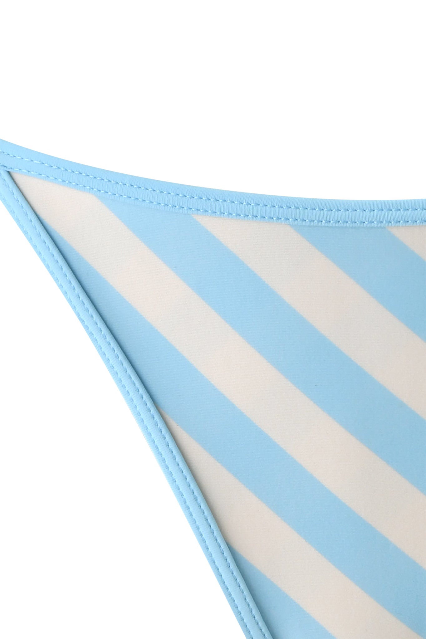Close-up of blue and white diagonal stripes with visible stitching, featured on the I.AM.GIA CORDELIA BIKINI BOTTOM - BLUE STRIPE, which has a low rise waist.