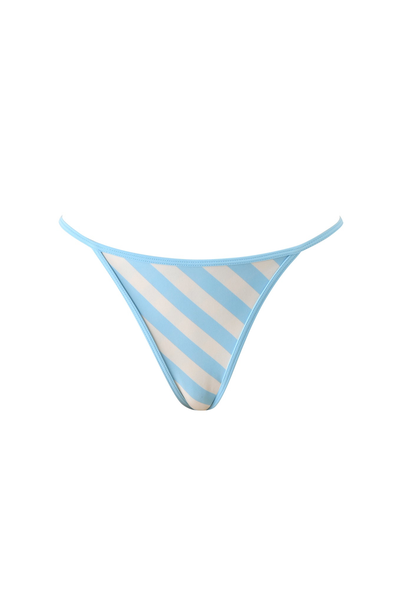 The CORDELIA BIKINI BOTTOM - BLUE STRIPE by I.AM.GIA features a minimal low-rise design with thin side straps and blue and white stripes, shown against a plain white background.