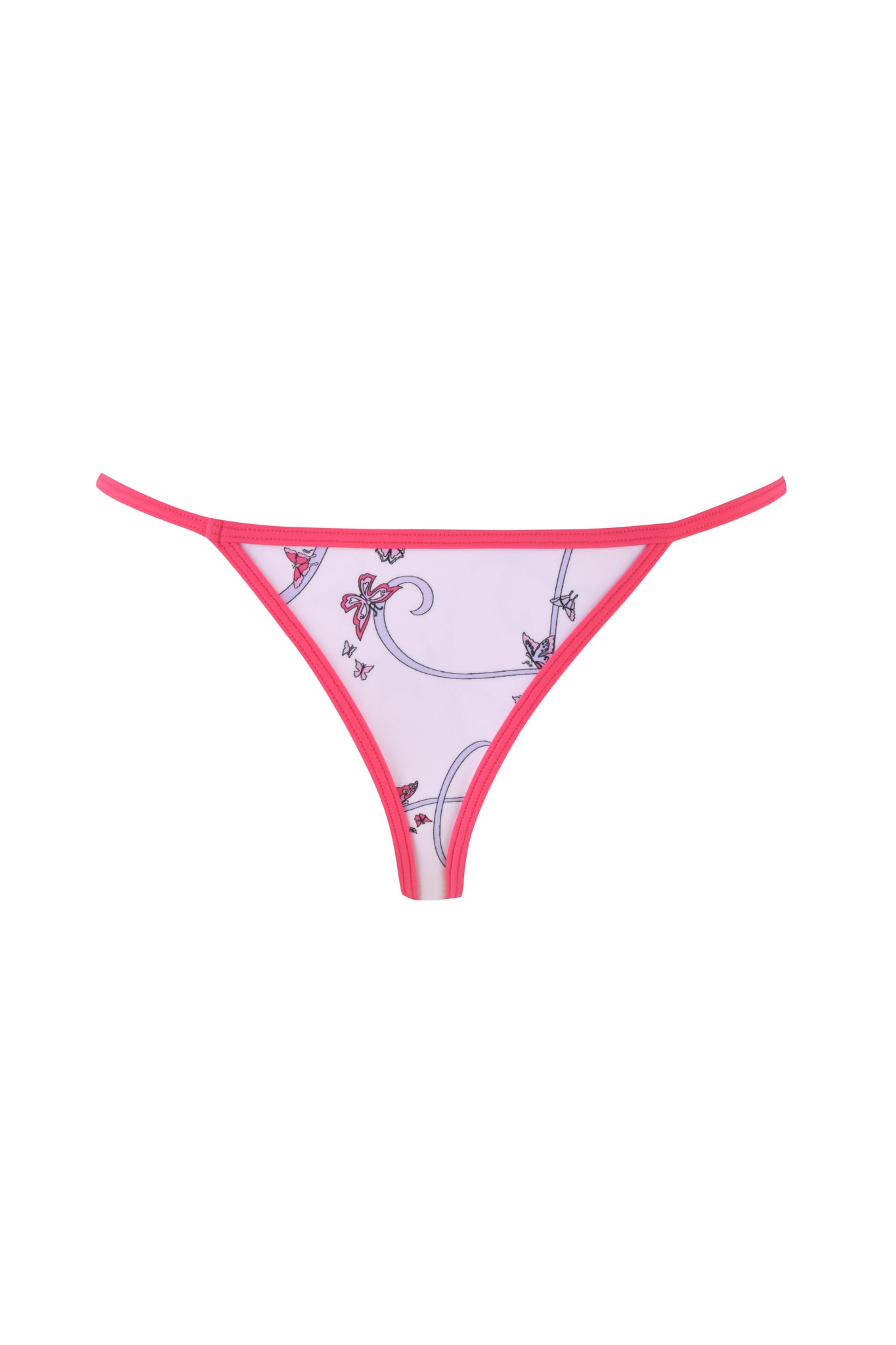Introducing the CORDELIA BIKINI BOTTOM - PINK : BUTTERFLY RIBBON by I.AM.GIA, a charming women's underwear with a light pink base and red trim. The fabric features a butterfly ribbon print with delicate butterflies and swirling patterns for an enchanting touch.