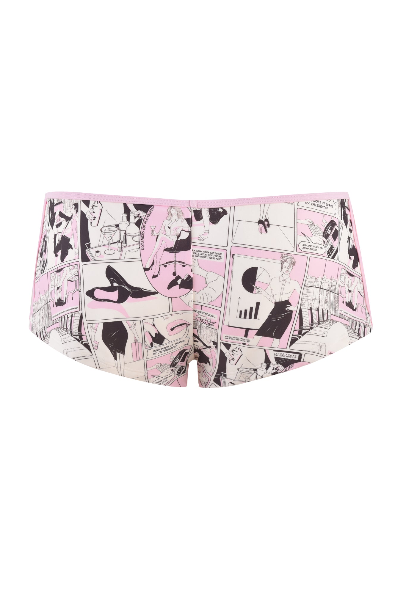 Close-up of a pair of I.AM.GIA JOANNE SHORT - PINK : DIGITAL: COMIC PRINT women's micro mini hot shorts. The shorts feature comic book scenes in black and white with pink accents, depicting various illustrated characters and actions. The waistband is light pink.