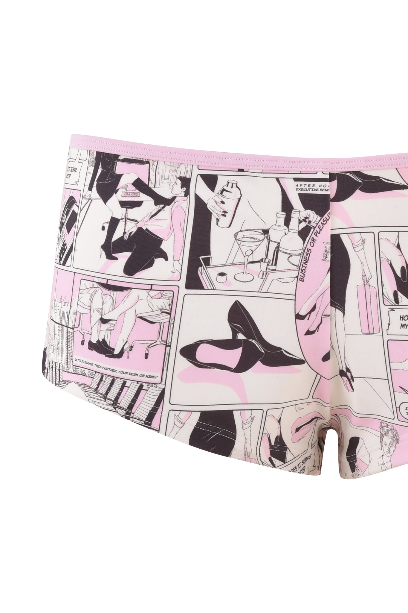 Close-up of the I.AM.GIA JOANNE SHORT - PINK : DIGITAL: COMIC PRINT, a pair of women's micro mini hot shorts featuring a comic strip design with illustrations in black, white, and light pink. The comics depict various scenes and objects, including high heels, cocktail glasses, and abstract shapes.