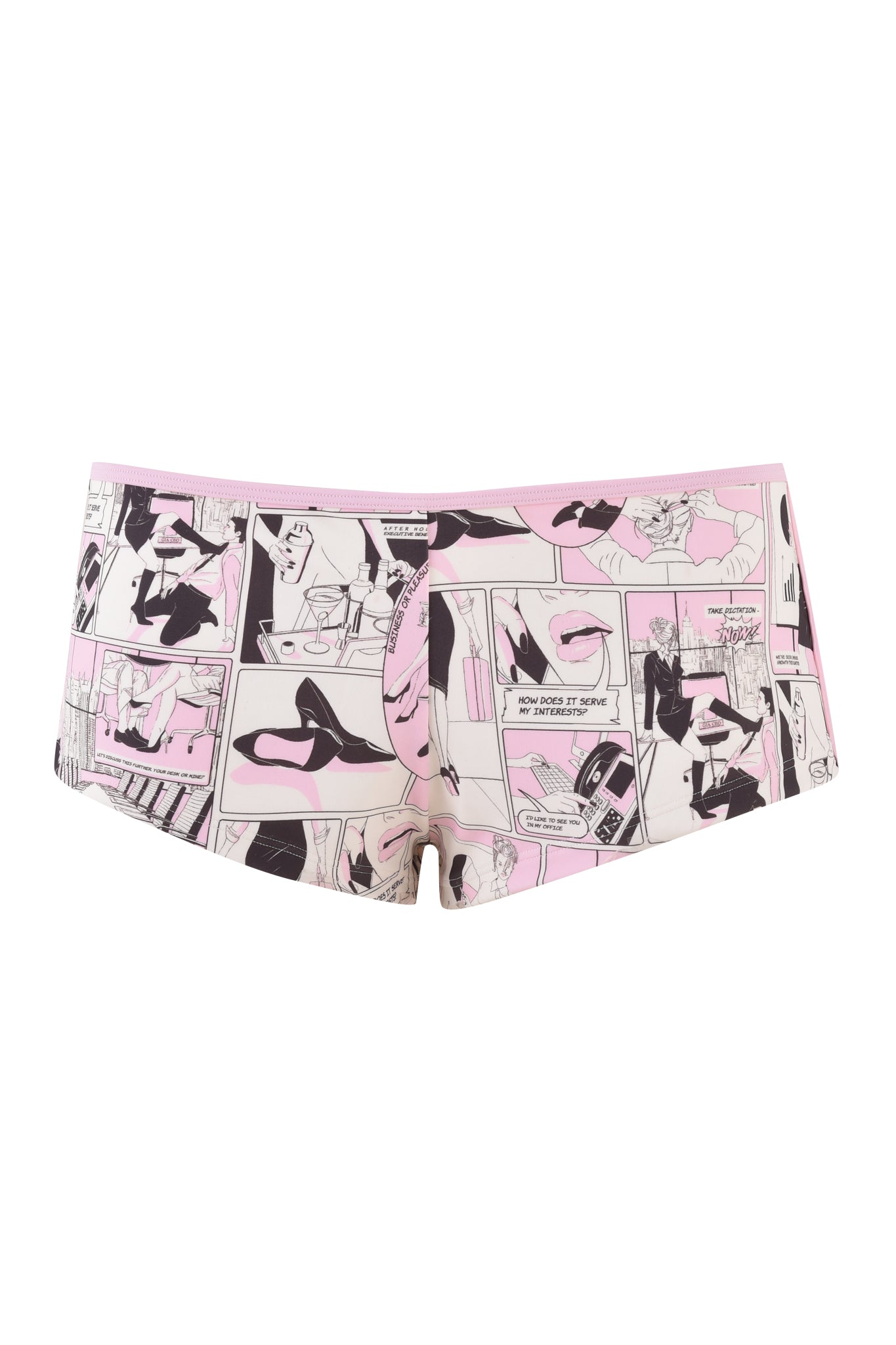 Joanne Short showcases the I.AM.GIA JOANNE SHORT - PINK : DIGITAL: COMIC PRINT, a pair of women's micro mini hot shorts adorned with a comic strip pattern. The design includes various black, white, and pink scenes featuring high heels, faces, speech bubbles, and other comic elements. The shorts come with an elastic waistband for added comfort.