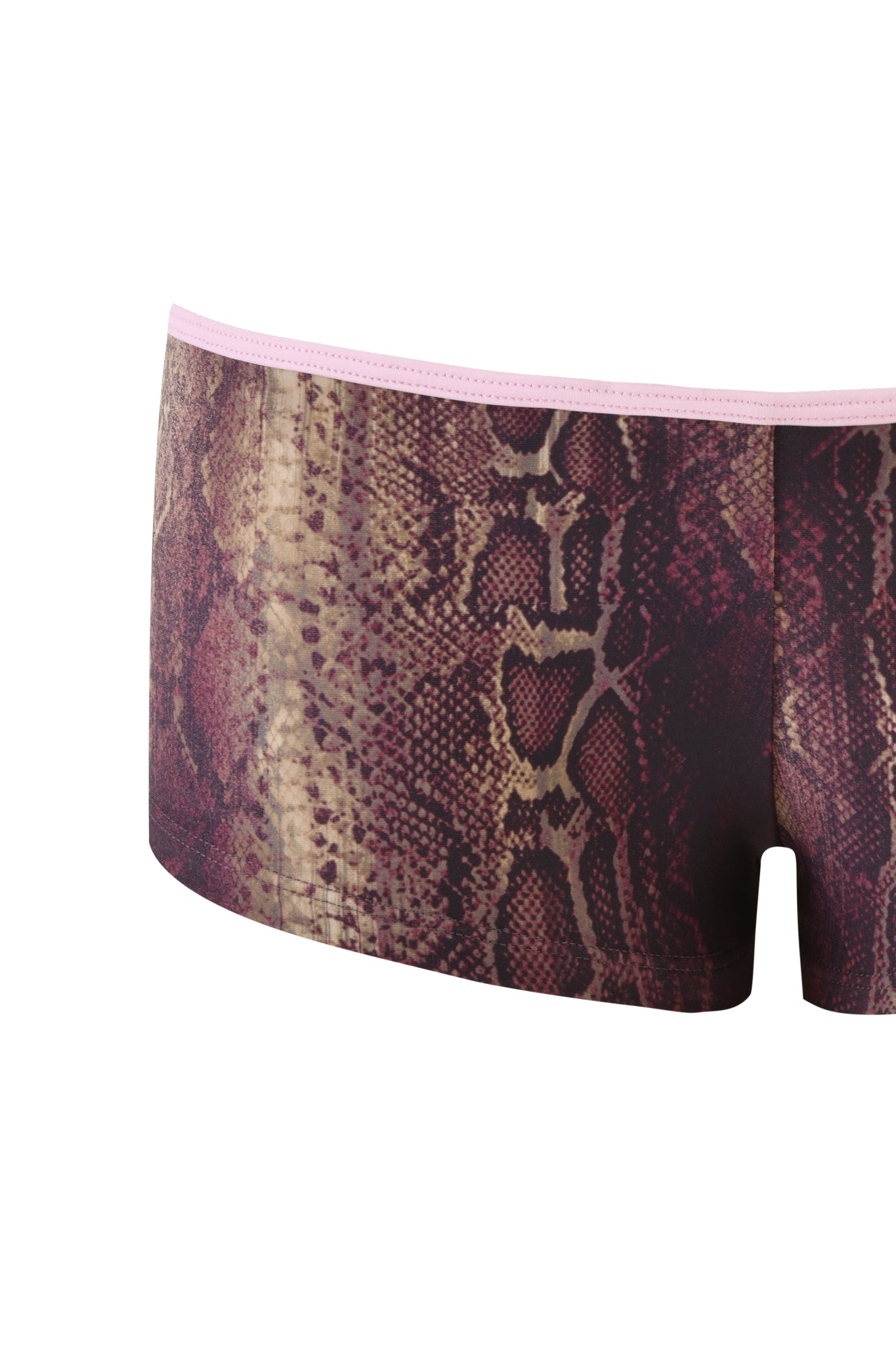 The JOANNE SHORT - SNAKE by I.AM.GIA features a low-rise bodycon fit, pink waistband, and a brown, beige, and dark red snakeskin print. Displayed on a plain white background.