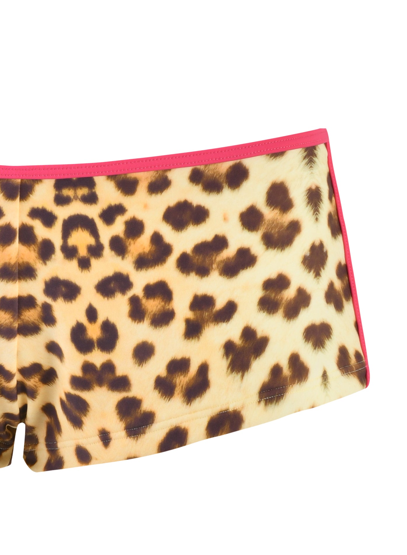 Close-up of the JOANNE SHORT - NEUTRAL featuring I.AM.GIA's custom leopard print design. The fabric showcases dark brown spots on a light tan background, accented with a pink trim along the low-rise waistband.