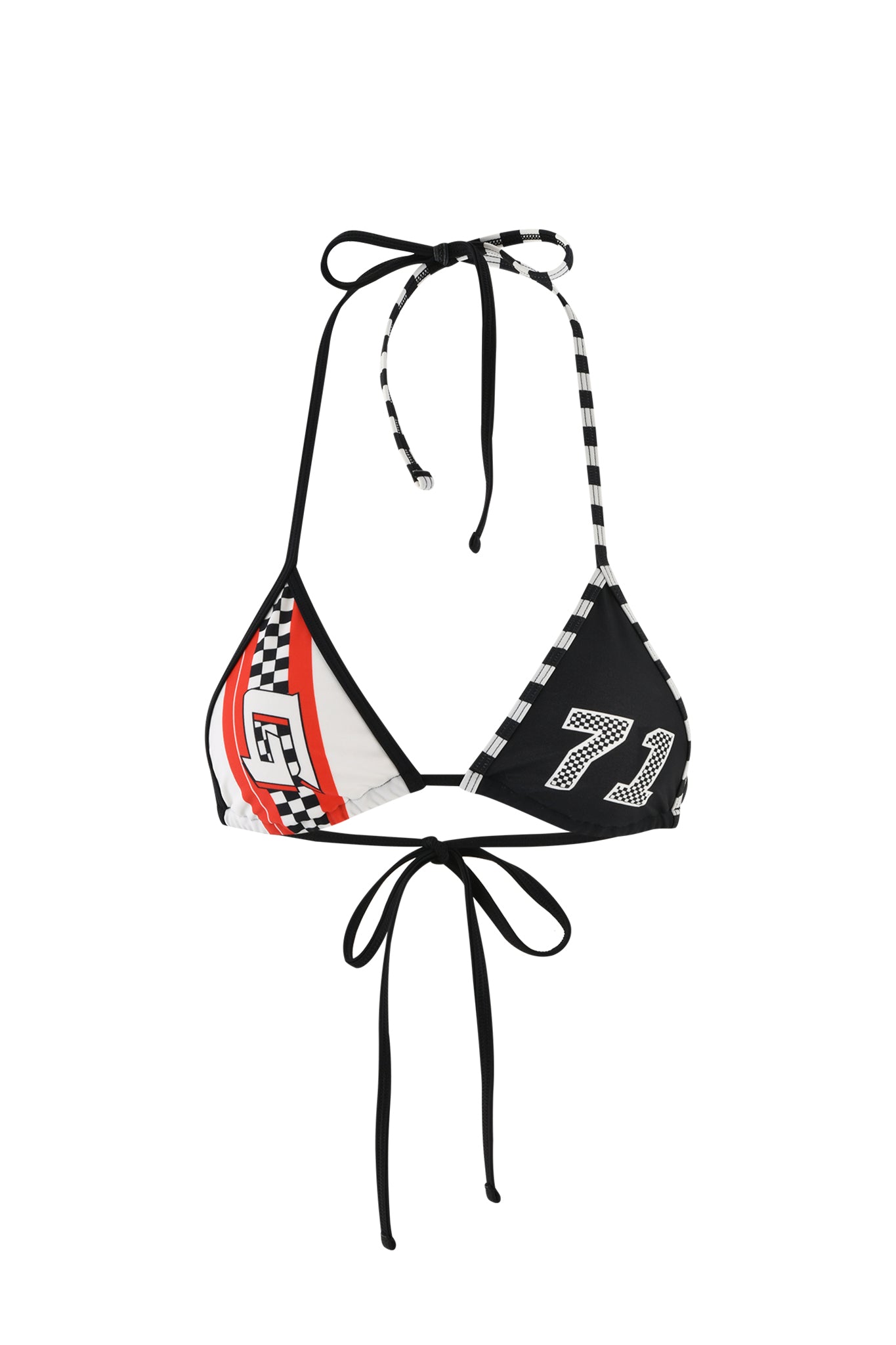 The RHIANNE BIKINI TOP - BLACK from I.AM.GIA features a black and white checkered triangle design with red and white racing stripe accents on the left cup and the number "71" printed on the right cup. It includes black tie strings at the neck and back for fastening.