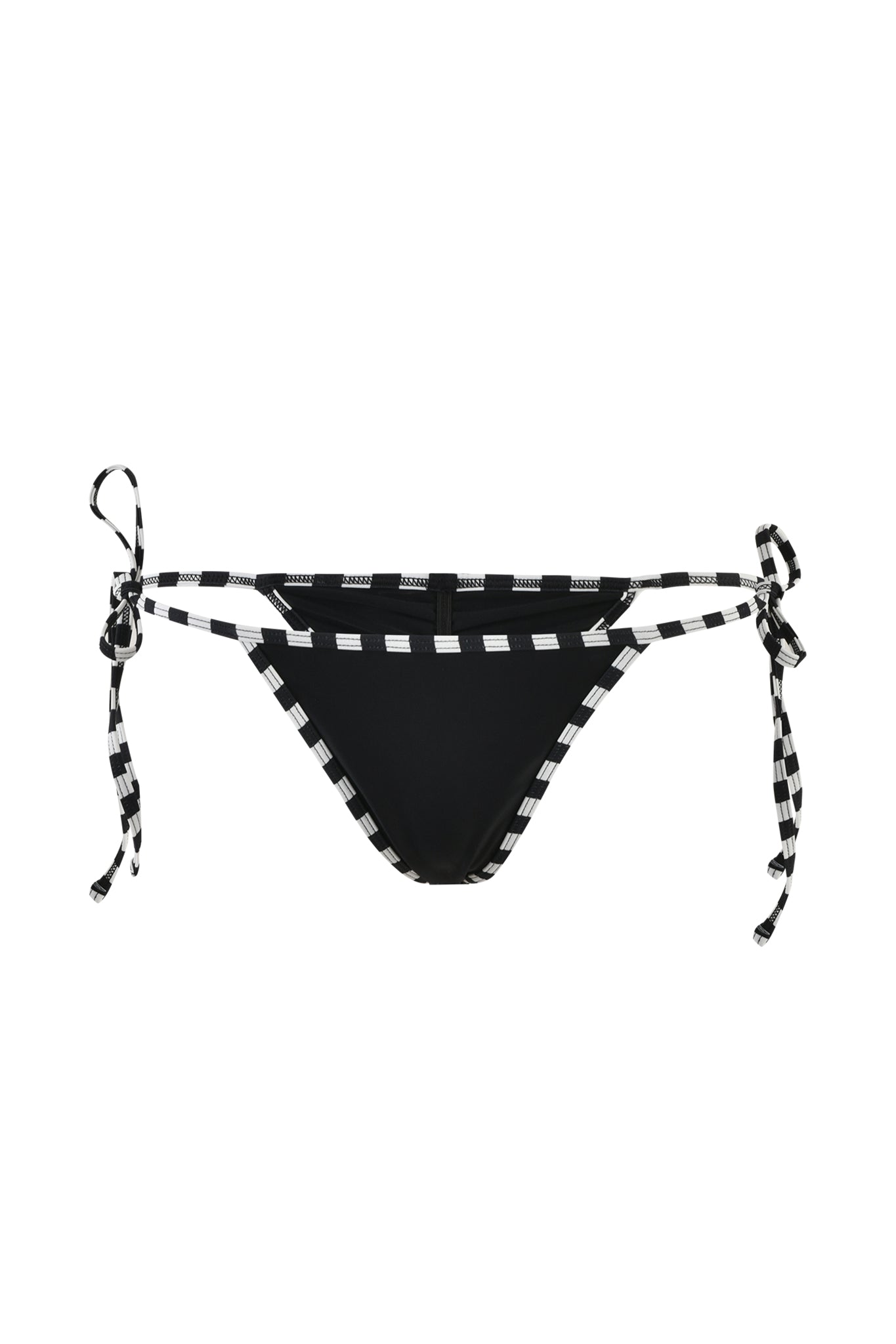 The RHIANNE BIKINI BOTTOM - BLACK from I.AM.GIA features a checkered black and white waistband and side ties. The alternating black and white squares create a distinctive and stylish look, while the side ties provide an adjustable and customizable fit.