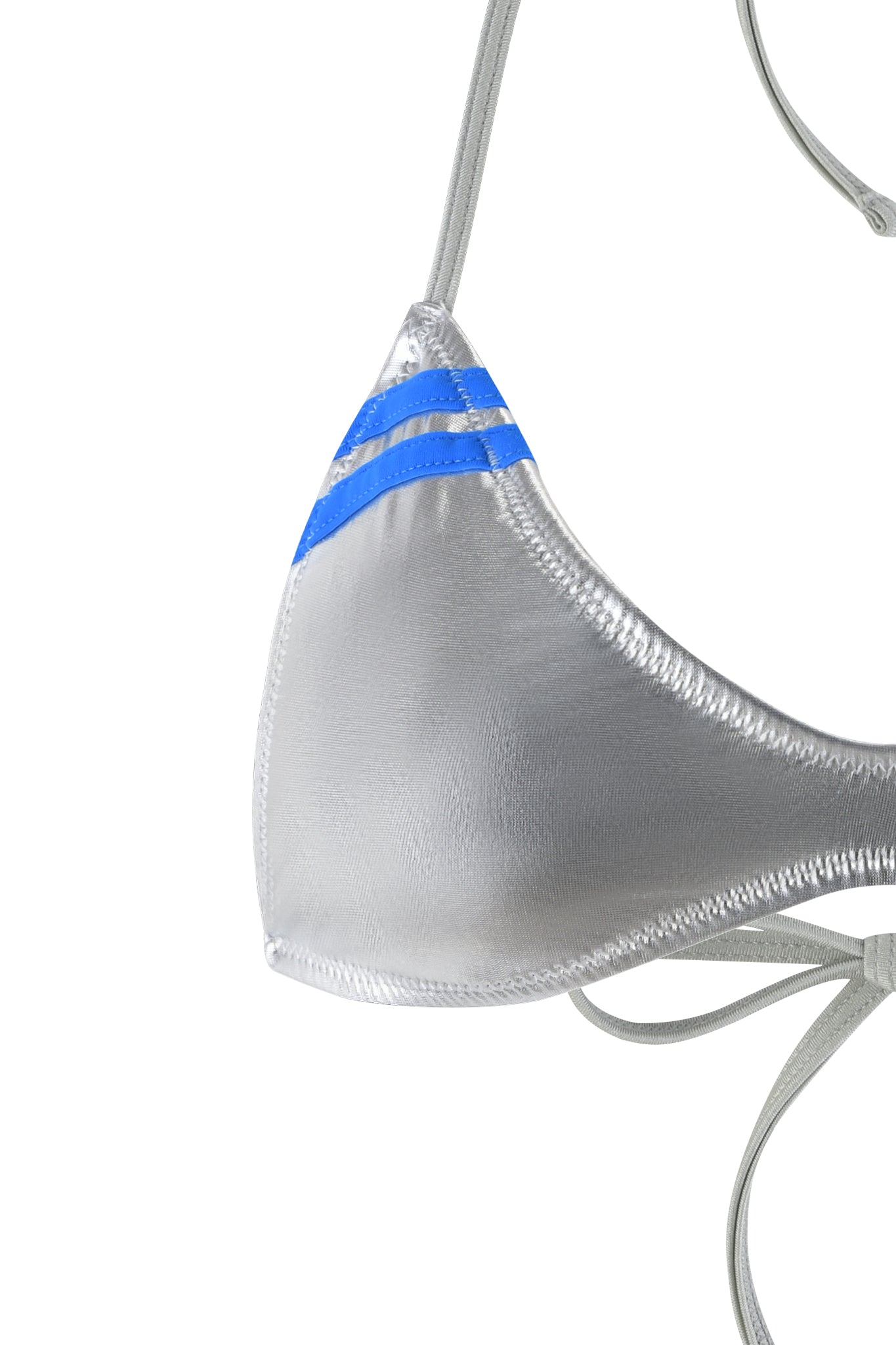 Close-up of the HOLLY BIKINI TOP - SILVER from I.AM.GIA. This bikini top features blue accents, thin ties, and a smooth, shiny fabric, showcasing a sleek and modern design.
