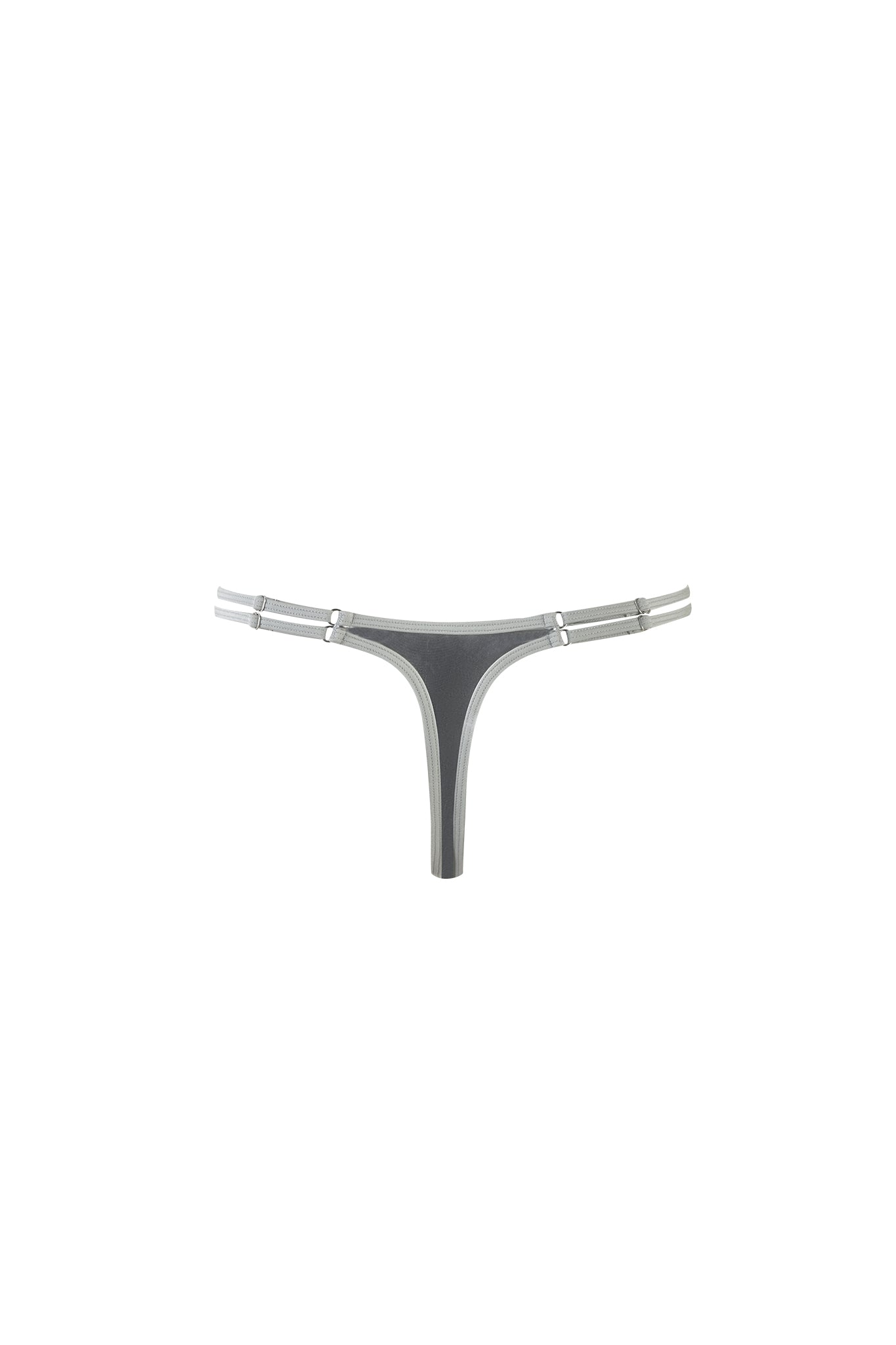 The HOLLY BIKINI BOTTOM - SILVER from I.AM.GIA features a sleek, modern aesthetic with dual thin straps on each side. Made from high stretch fabric, it offers cheeky coverage and a minimal design. The image showcases this product against a plain white background, perfect for intimate or minimal use.