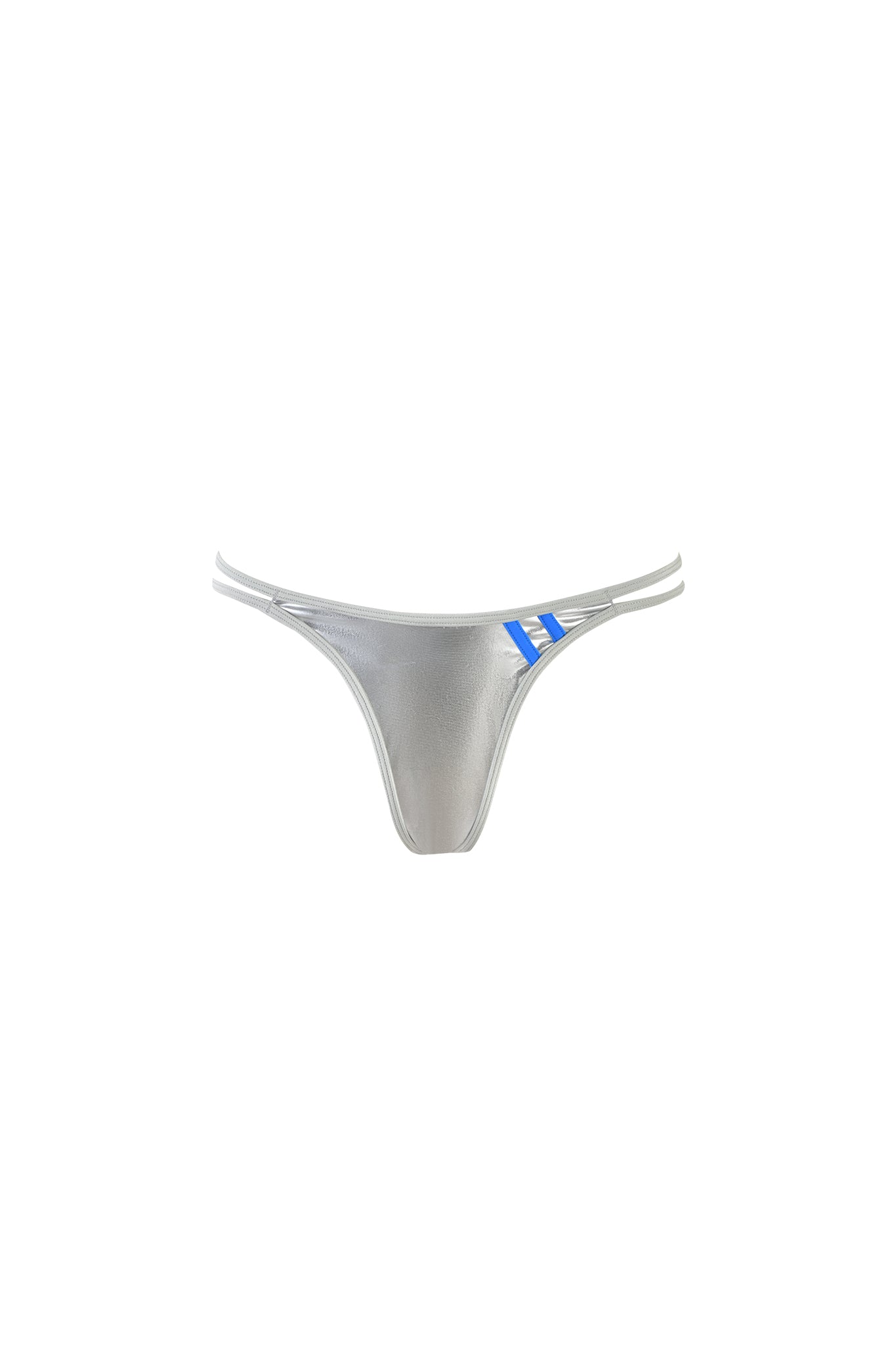 The HOLLY BIKINI BOTTOM - SILVER by I.AM.GIA features a minimalist design with double side straps and a subtle blue and white striped tag on the left. Made from high stretch fabric for cheeky thong coverage, it boasts a smooth, slightly shiny satin finish. This modern piece emphasizes minimal coverage for a sleek look.