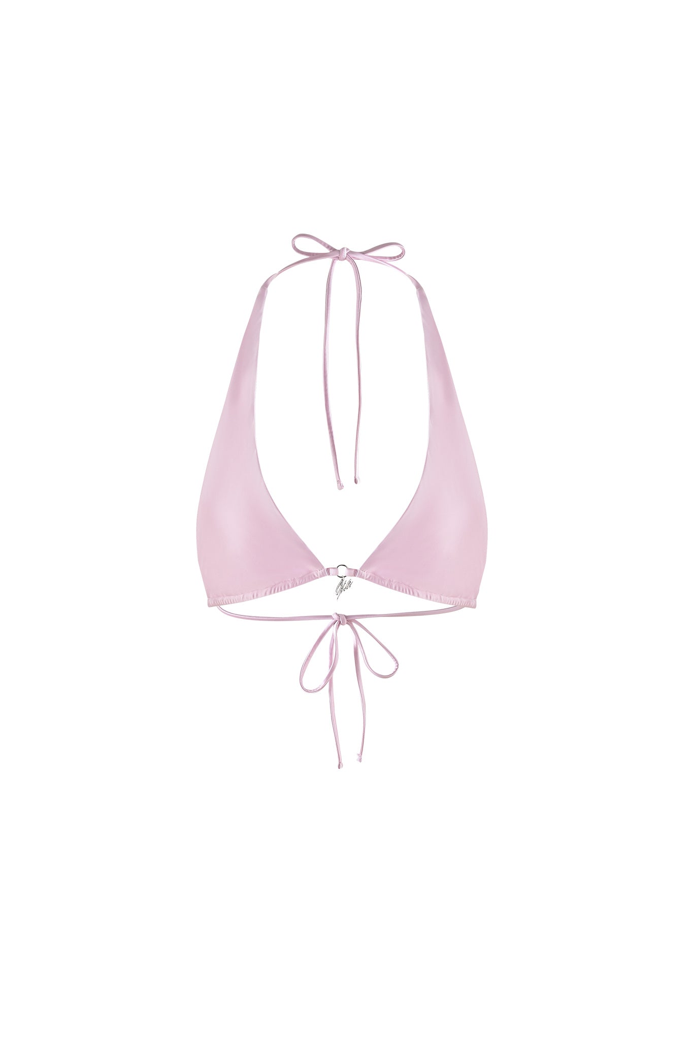 The PUKA BIKINI TOP - PINK from I.AM.GIA is a pastel pink triangle bikini top with thin straps that tie behind the neck and back. It features a decorative clasp or charm at the center of the chest, showcasing a simple and minimalist design.
