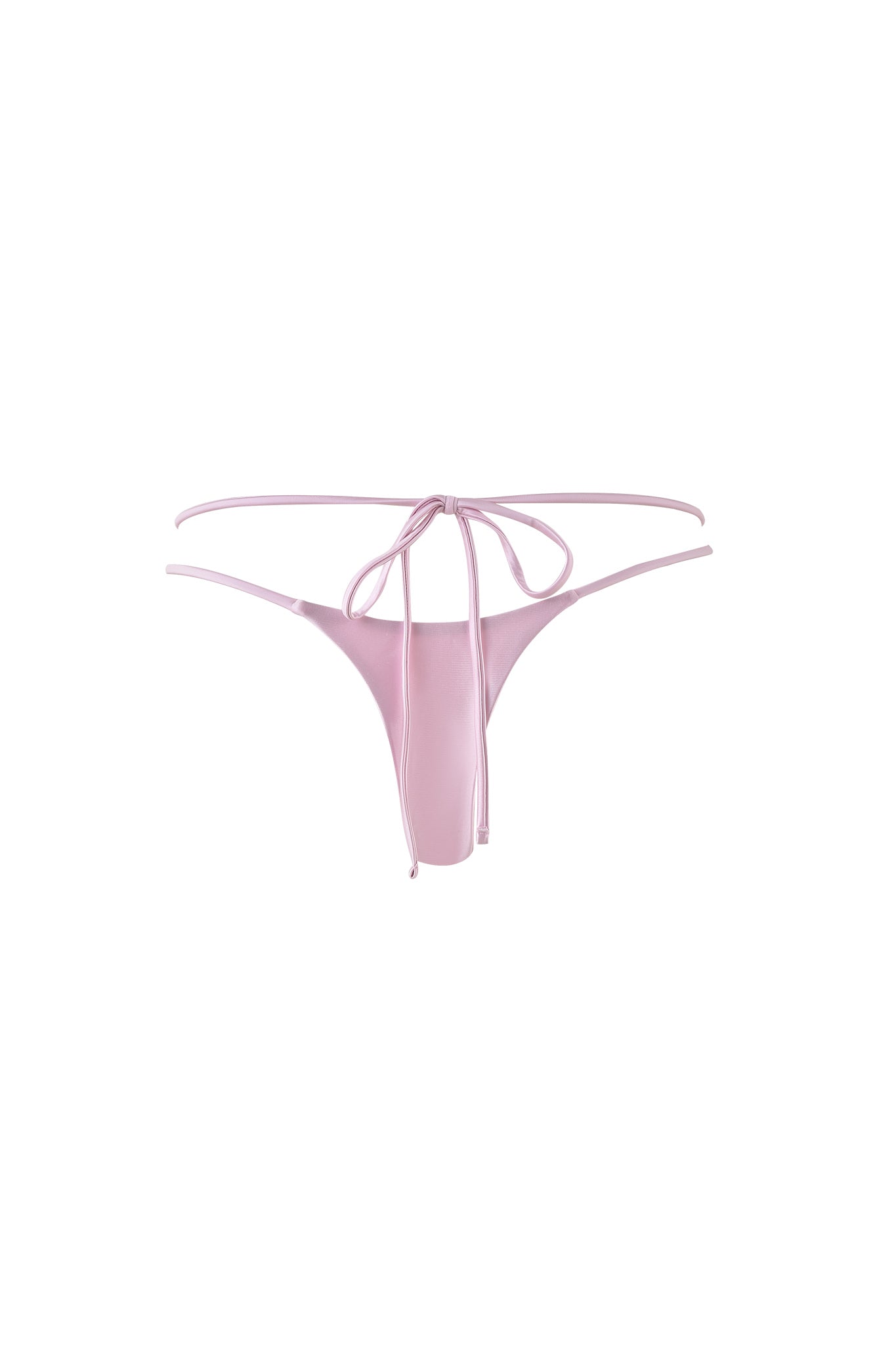 A minimalist PUKA BIKINI BOTTOM - PINK : PASTEL PINK from I.AM.GIA with thin side and back ties, displayed against a plain white background. The design features a simple and sleek style.