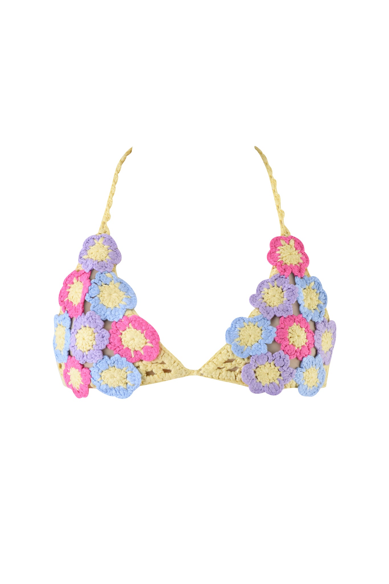 The BLOSSOM BIKINI TOP - MULTI by I.AM.GIA is a colorful crochet bikini top with pastel flower patterns in pink, blue, yellow, and white. It features flower bust cups, braided yellow straps, adjustable ties, and a white background.