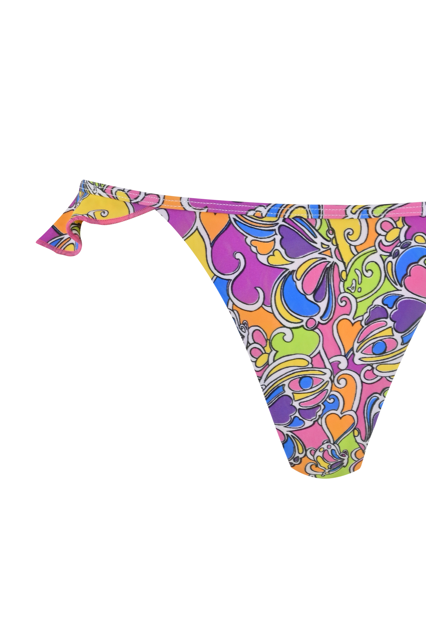 The MARNIE BIKINI BOTTOM - TROPICAL BUTTERFLY BLOOM by I.AM.GIA features a vibrant, retro-inspired thong style with swirling psychedelic shapes and hearts on a striped background for a standout summer look.