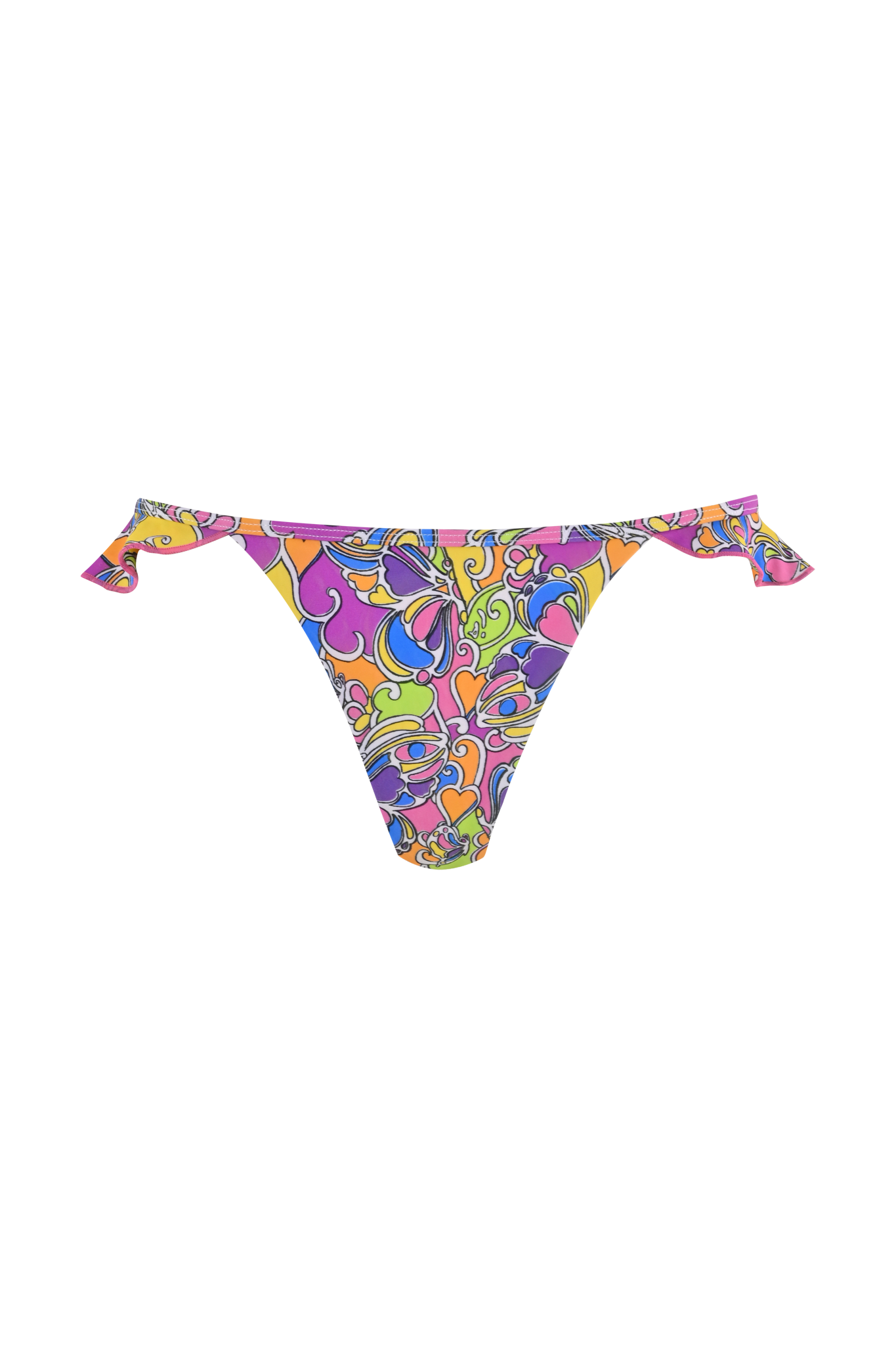 The MARNIE BIKINI BOTTOM - TROPICAL BUTTERFLY BLOOM by I.AM.GIA features a custom GIA floral and swirl print in pink, purple, yellow, orange, and green on white with adjustable side ties for a playful look.