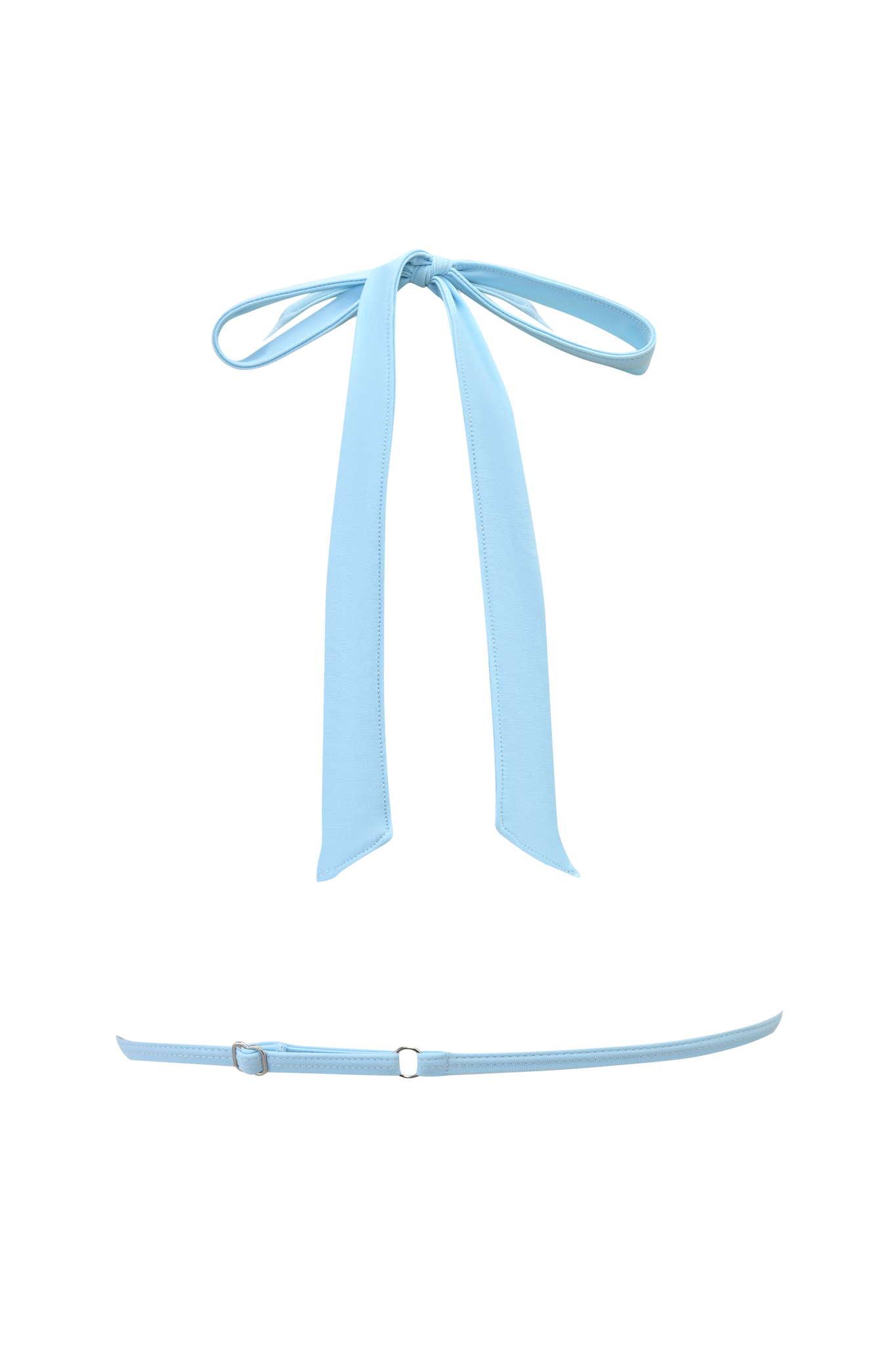 Pair the I.AM.GIA MAUI BIKINI TOP - AQUA, fully lined and adjustable, with a light blue ribbon belt featuring a center bow, long trailing ends, an adjustable strap, and metal buckle for a stylish beach look.
