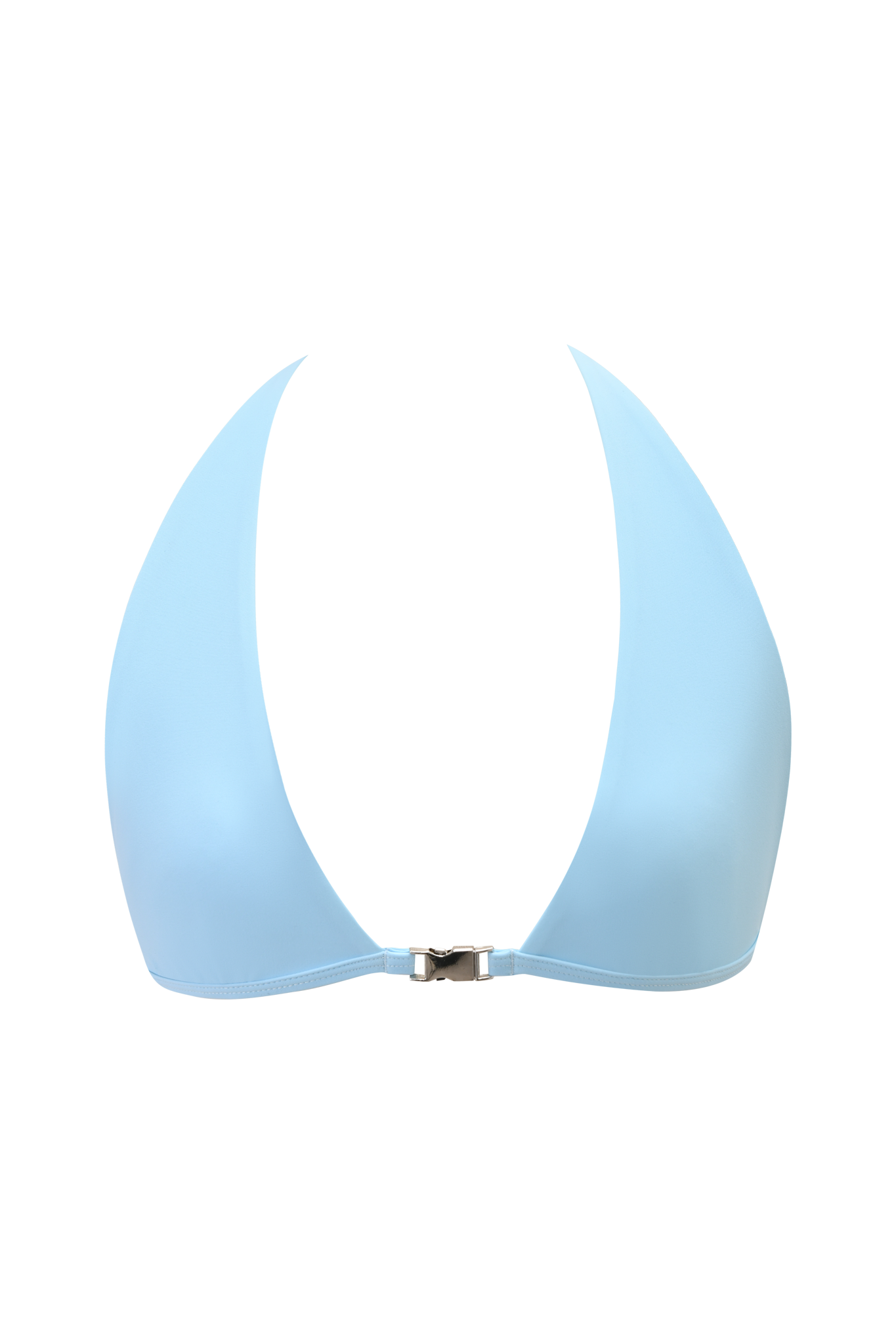 The I.AM.GIA MAUI BIKINI TOP - AQUA is a light blue, seamless, strapless adhesive bra with a center clasp for an adjustable fit and full lining, displayed against a plain background.