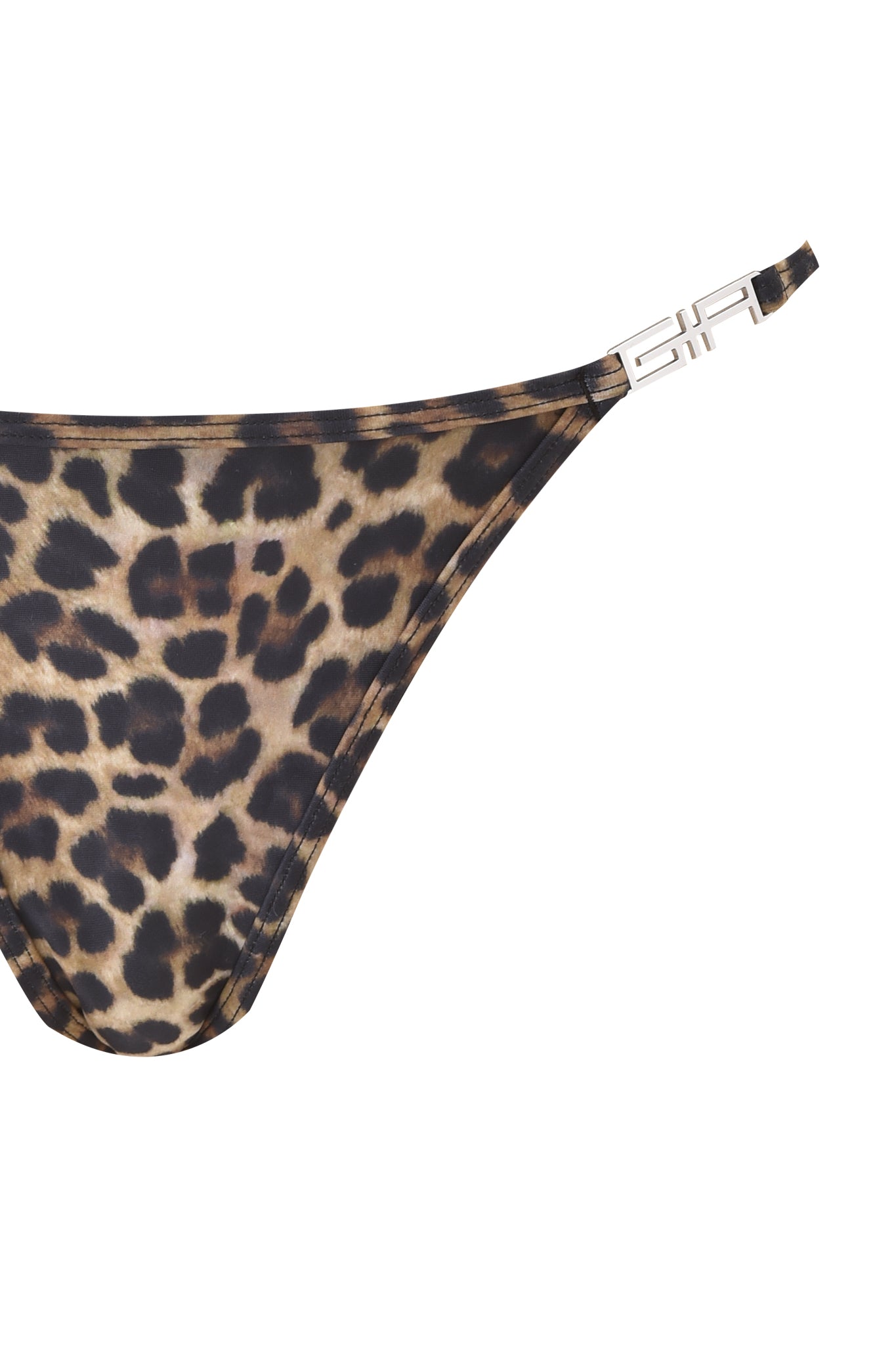 Close-up of the I.AM.GIA AVA BIKINI BOTTOM - LEOPARD, featuring a brown, tan, and black animal print with a geometric metal clasp detail on the right hip for bold style.