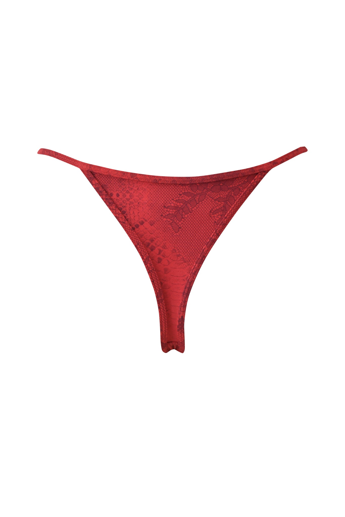The AVA BIKINI BOTTOM - RED SERPENTINE by I.AM.GIA features a high-cut G-string thong style with thin side straps, shown against a plain white background.
