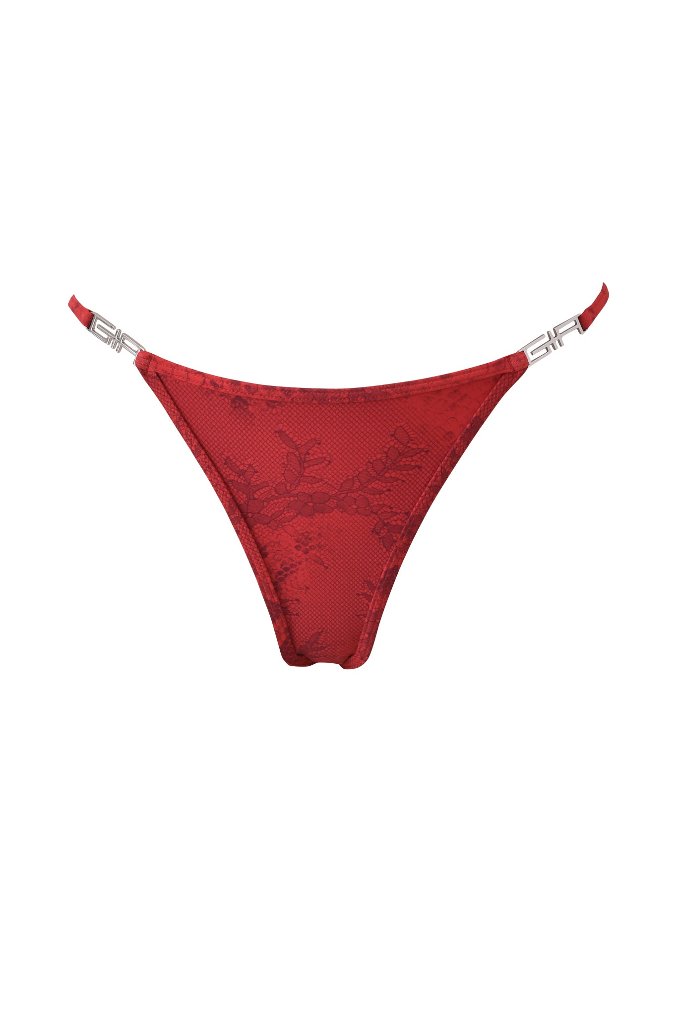 The AVA BIKINI BOTTOM - RED SERPENTINE by I.AM.GIA features a red serpentine print, lace thong cut, thin side straps, and silver decorative clasps on each side, shown against a white background.