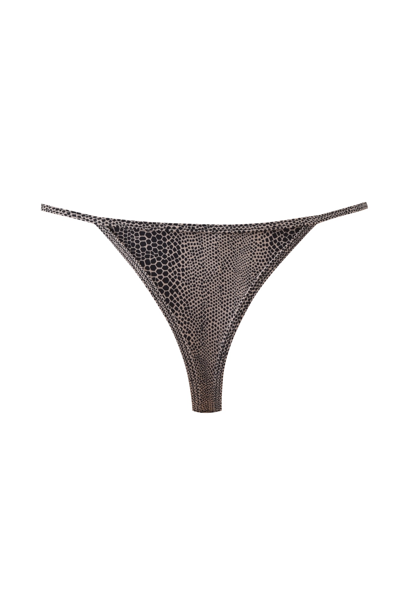 The AVA BIKINI BOTTOM - SERPICO by I.AM.GIA features high-cut G-string bikini bottoms with thin side straps and a dark, textured snake print design on a white background.