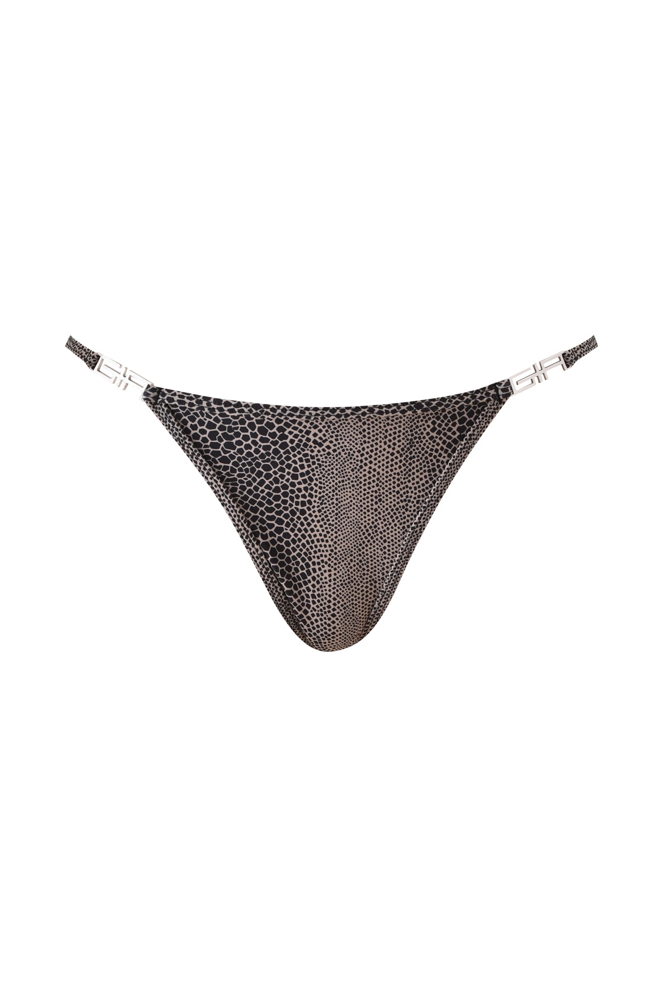 The I.AM.GIA AVA BIKINI BOTTOM - SERPICO is a women's G-string style with a bold snake print, thin side straps, and silver hardware accents on each side, shown against a plain white background.