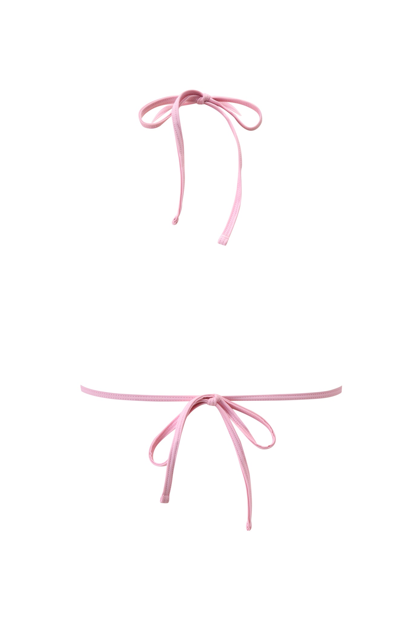 Two GIA GIRL CAMO Ava Bikini top strings from I.AM.GIA tied in bows—one as a neck tie, one as a back tie—isolated on a white background.