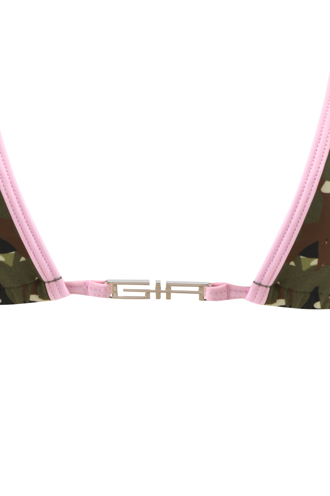 Close-up of the I.AM.GIA X VON DUTCH AVA BIKINI TOP in Gia Girl Camo, featuring pink trim and a metallic front clasp for bold Von Dutch-inspired style.